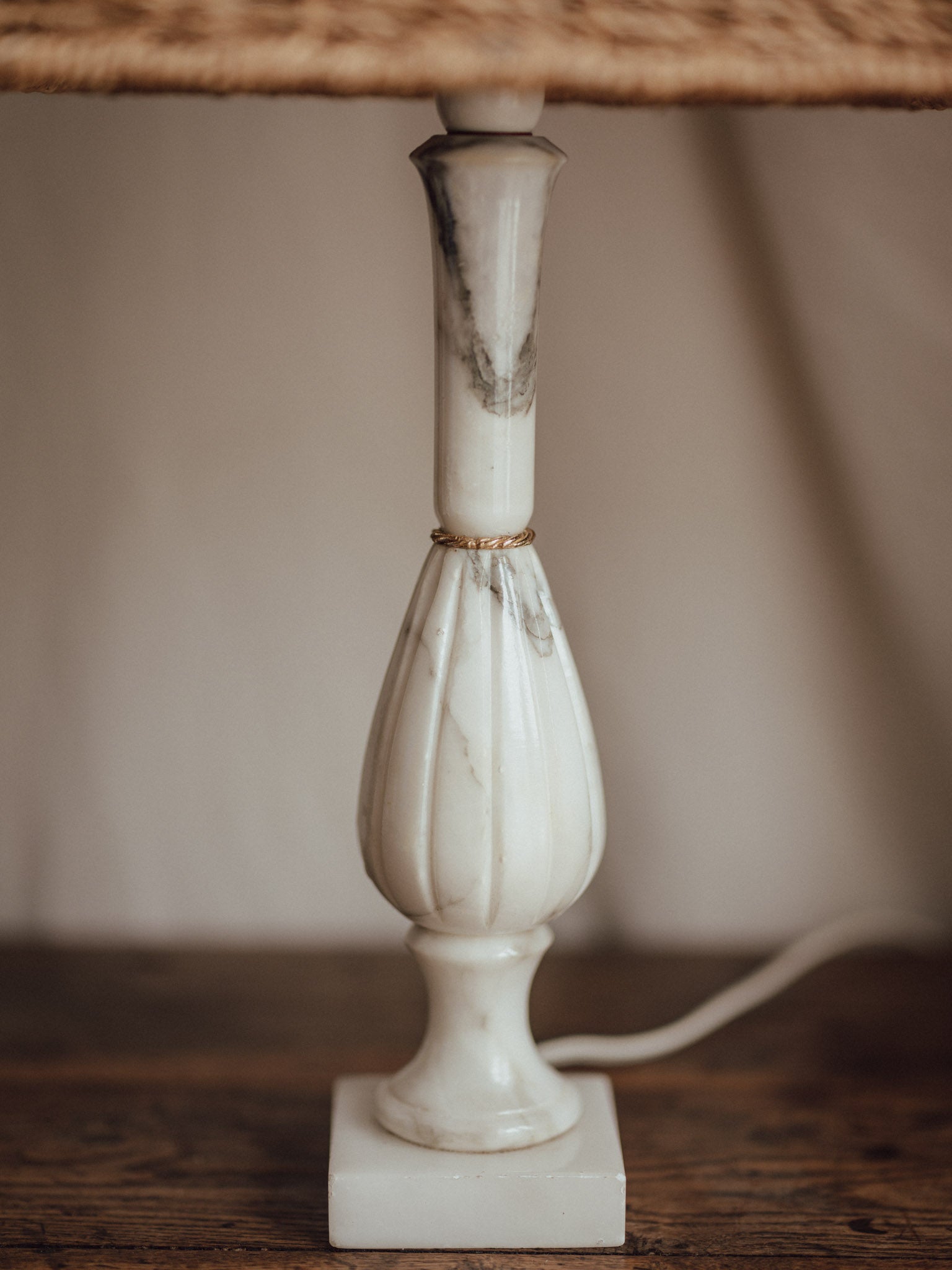 Vintage Marble Table Lamps with Rattan Shades - Pair