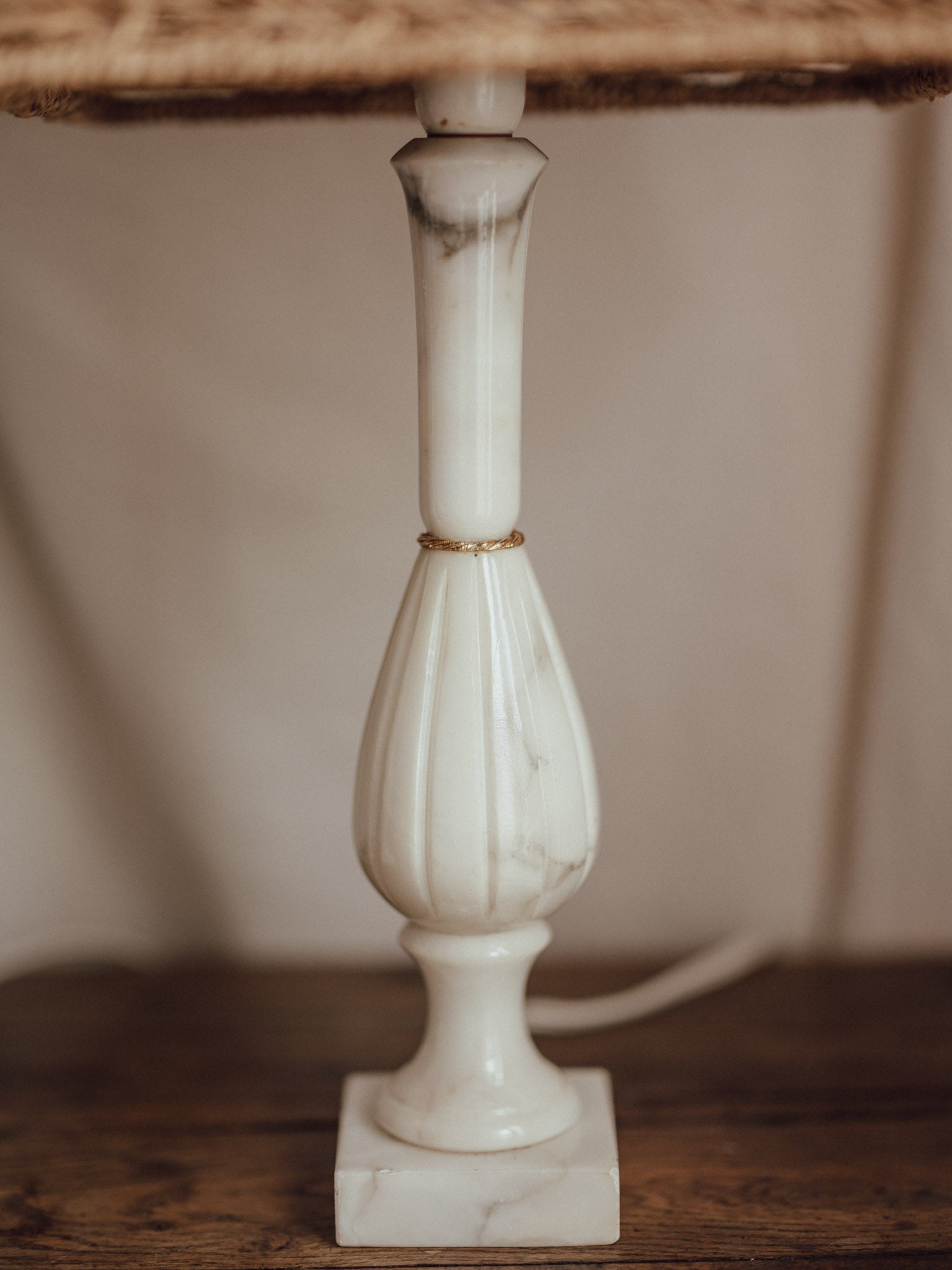 Vintage Marble Table Lamps with Rattan Shades - Pair