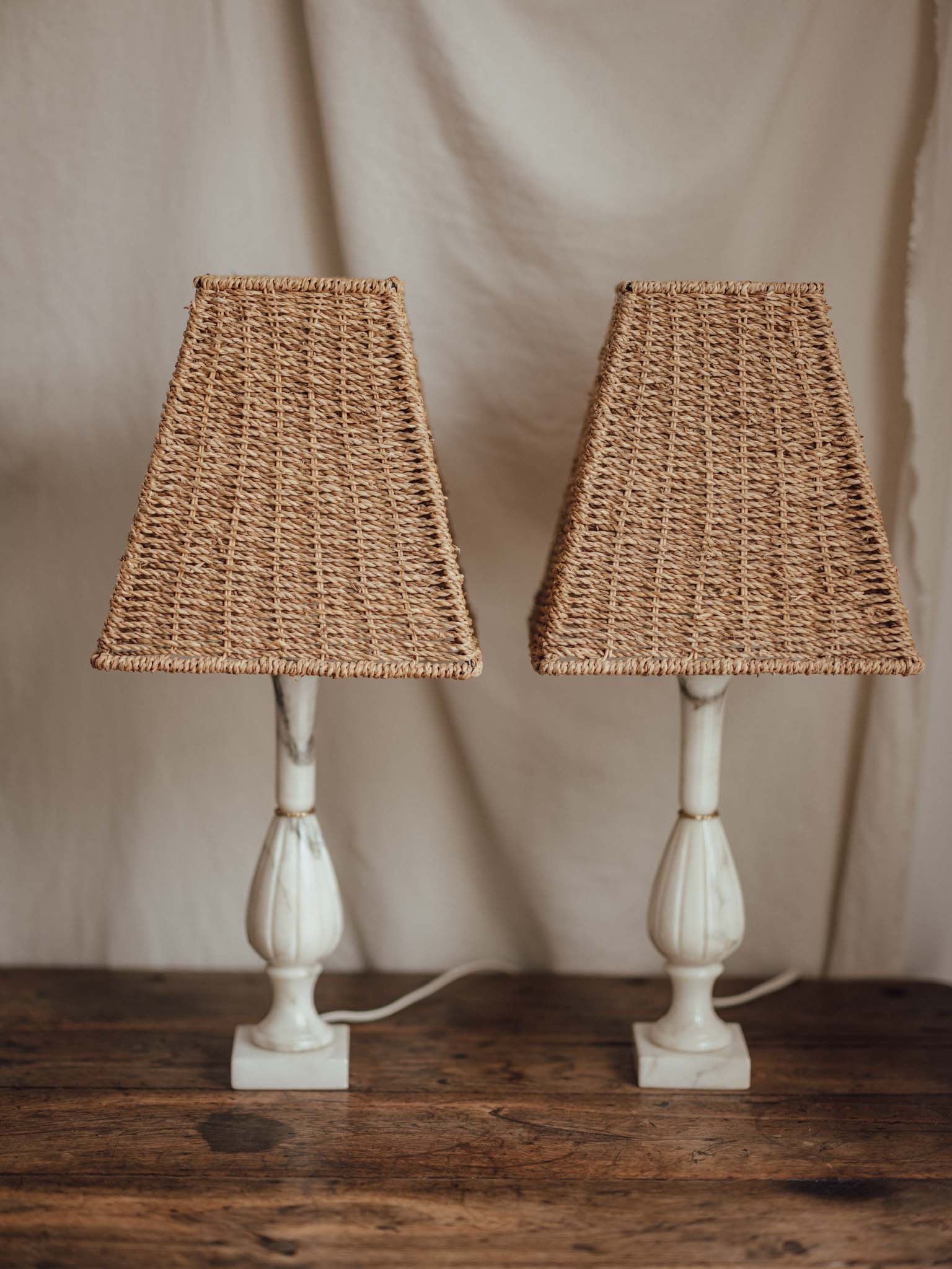 Vintage Marble Table Lamps with Rattan Shades - Pair