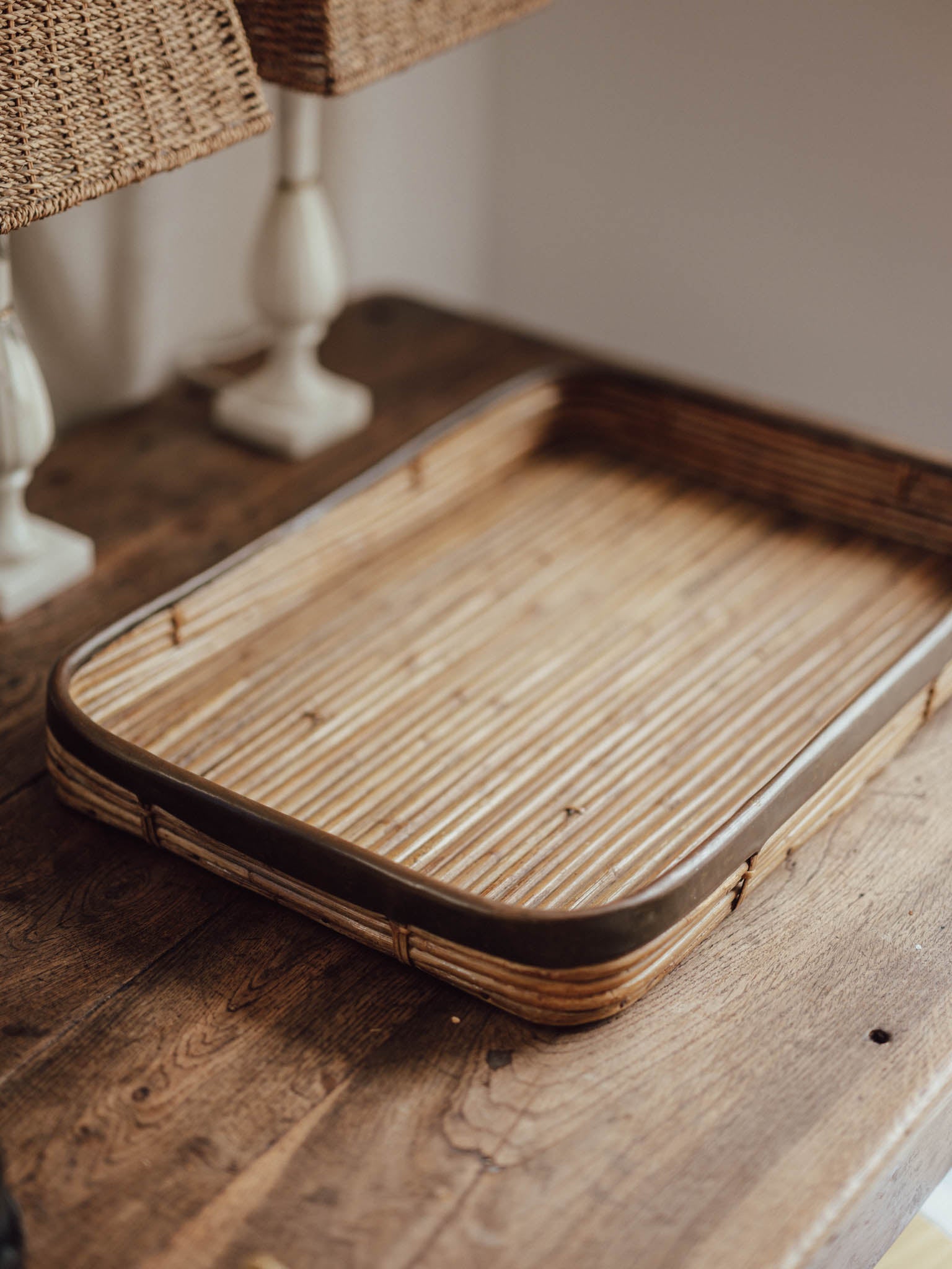 Large Vintage Cane Tray with Brass Edging
