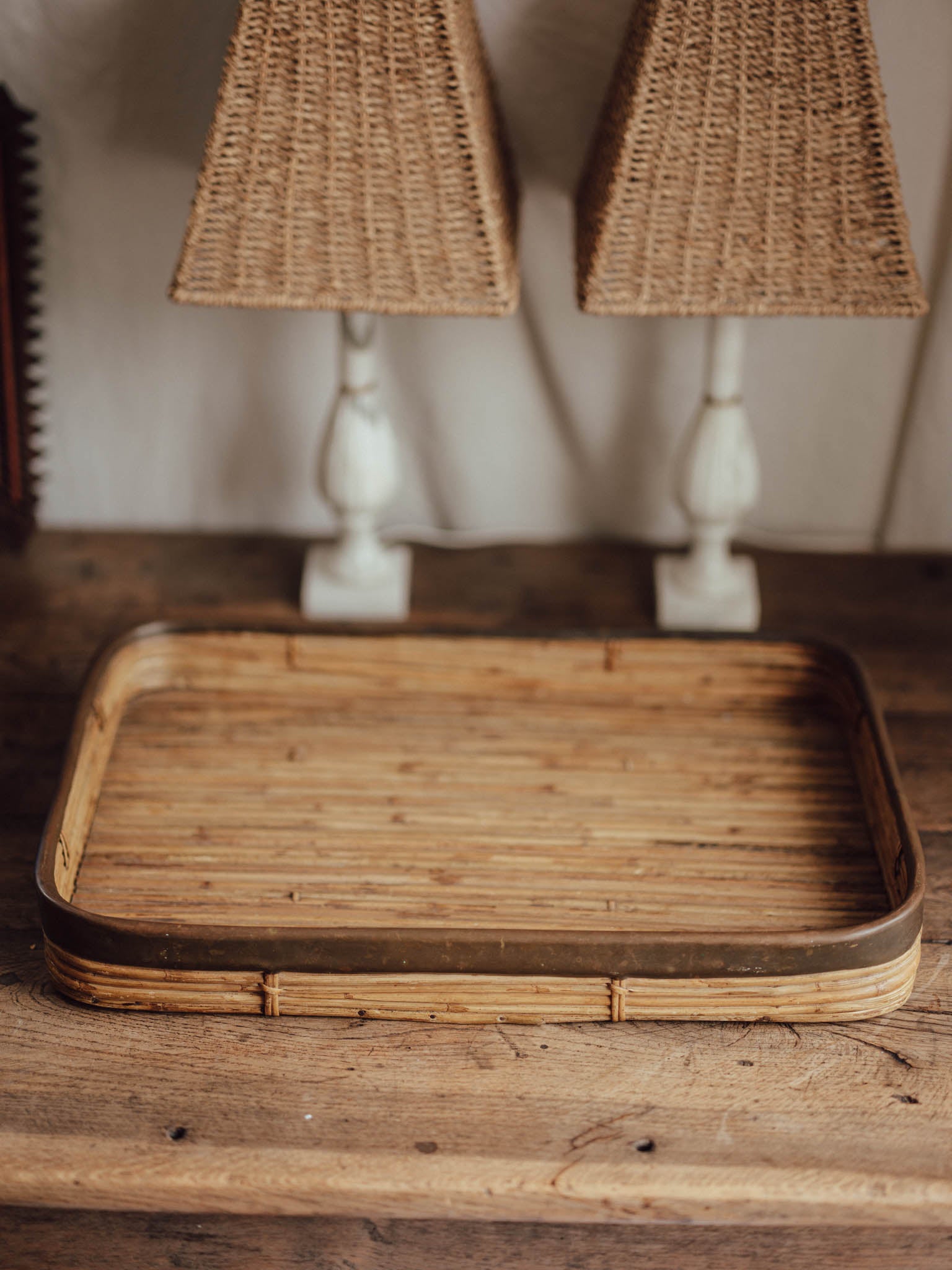 Large Vintage Cane Tray with Brass Edging