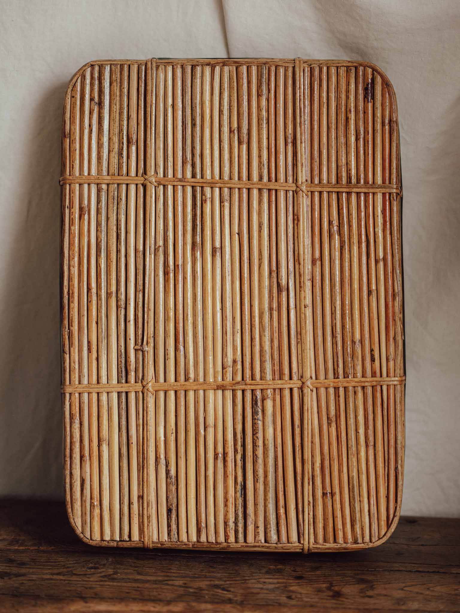 Large Vintage Cane Tray with Brass Edging