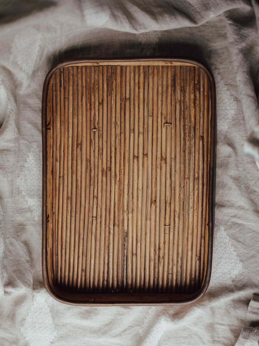 Large Vintage Cane Tray with Brass Edging