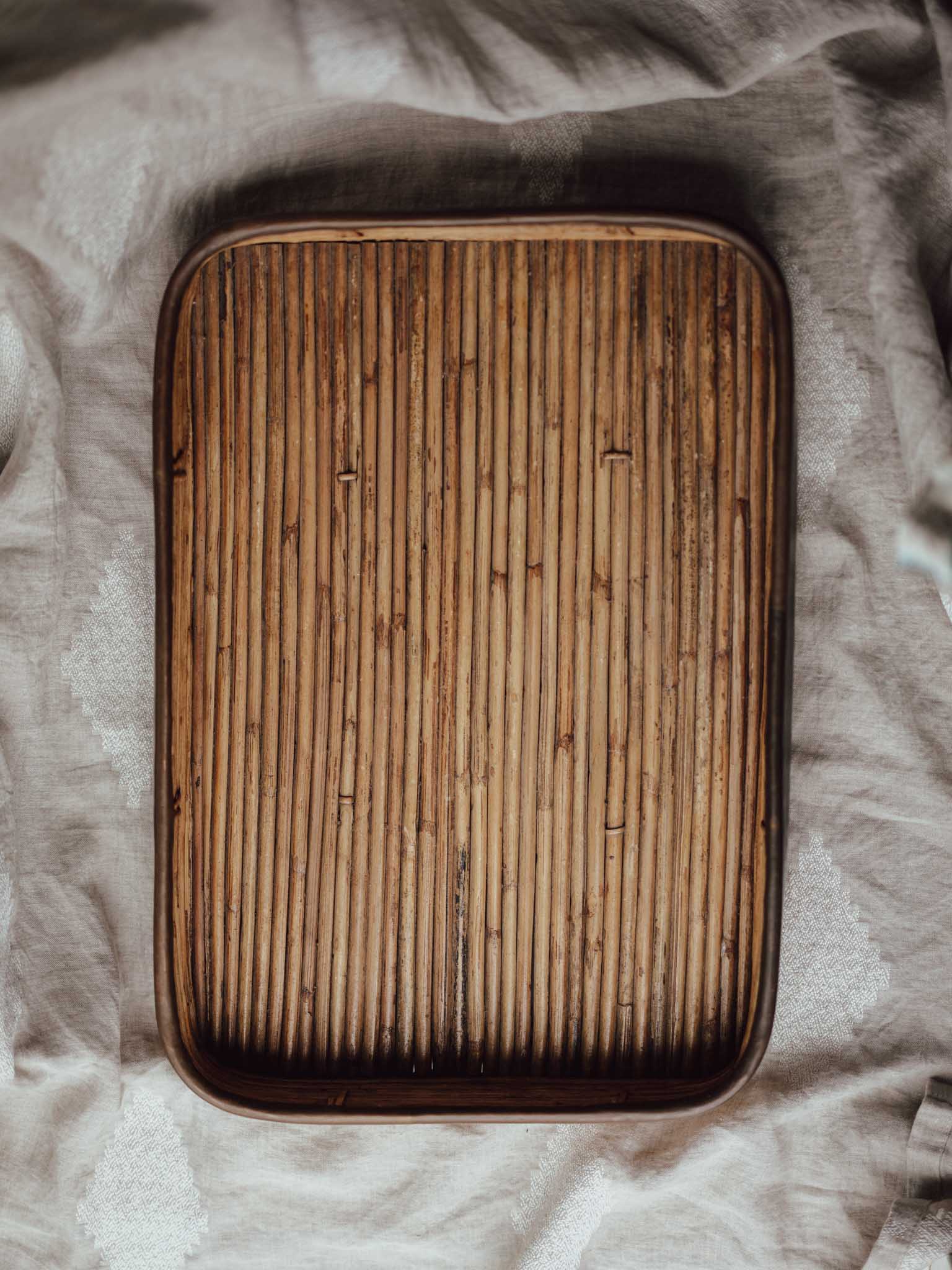 Large Vintage Cane Tray with Brass Edging