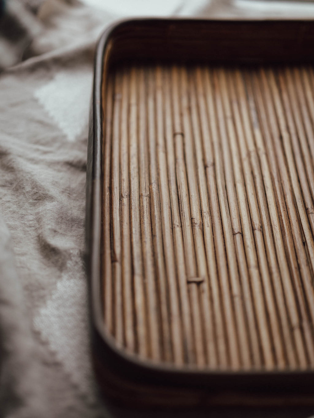 Large Vintage Cane Tray with Brass Edging