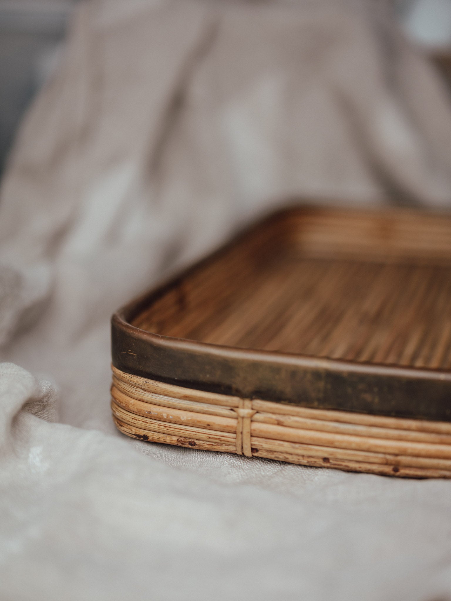 Large Vintage Cane Tray with Brass Edging