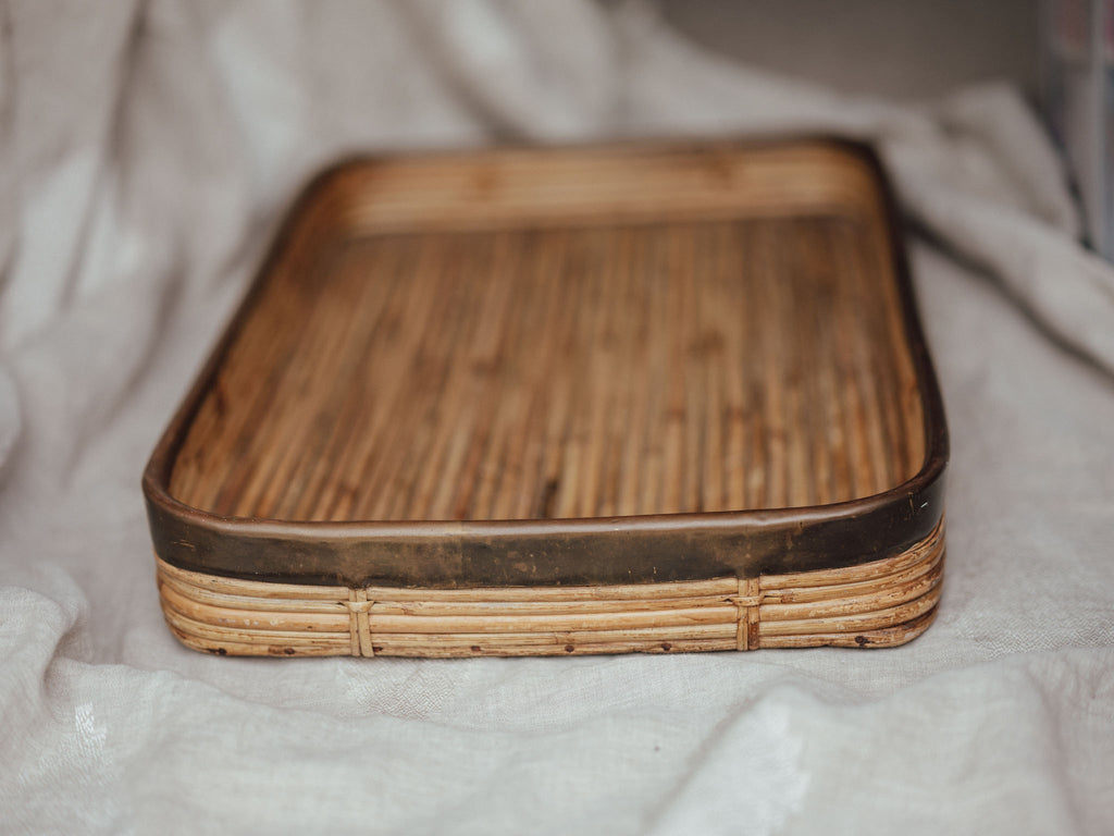Large Vintage Cane Tray with Brass Edging