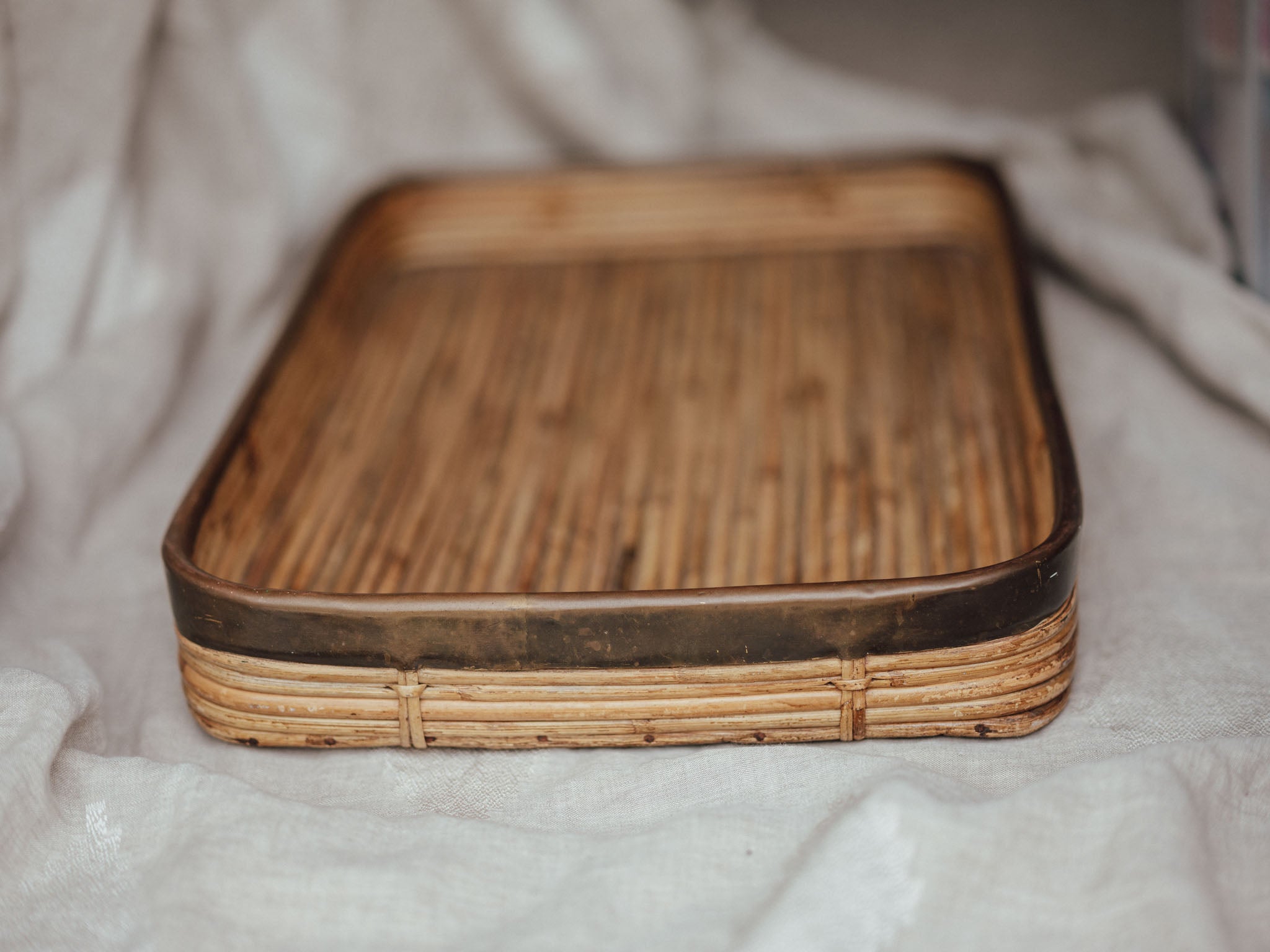Large Vintage Cane Tray with Brass Edging