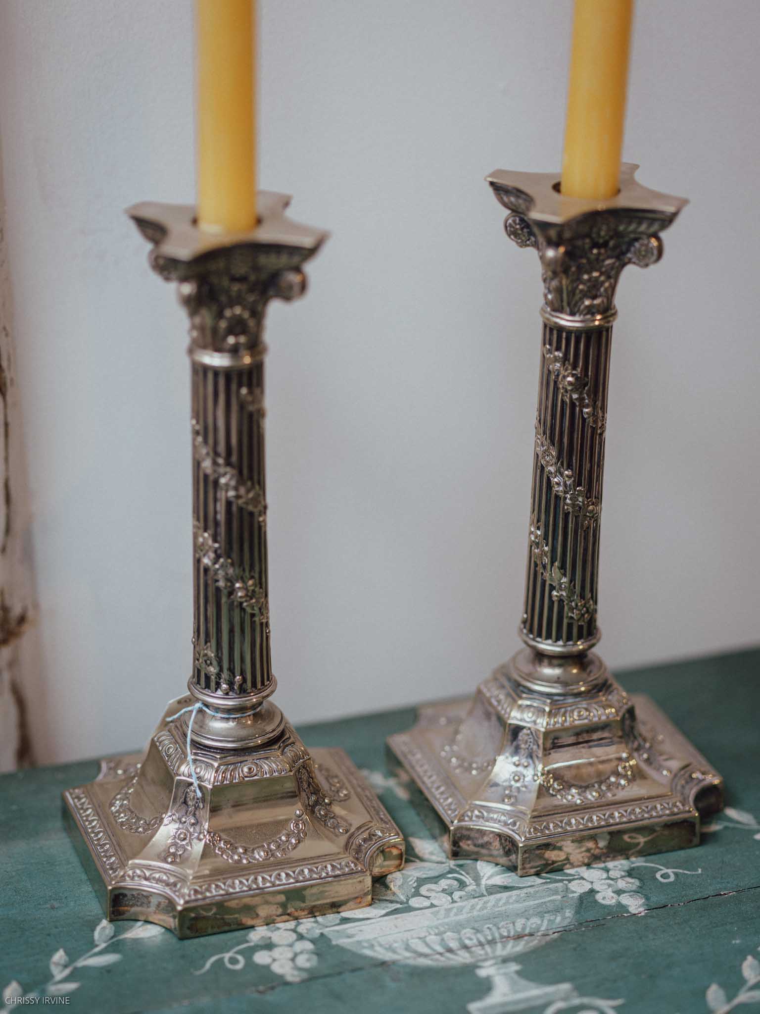Pair of Silver Plate Corinthian Column Candlesticks, Horace Woodward & Co, London, Late 19th Century