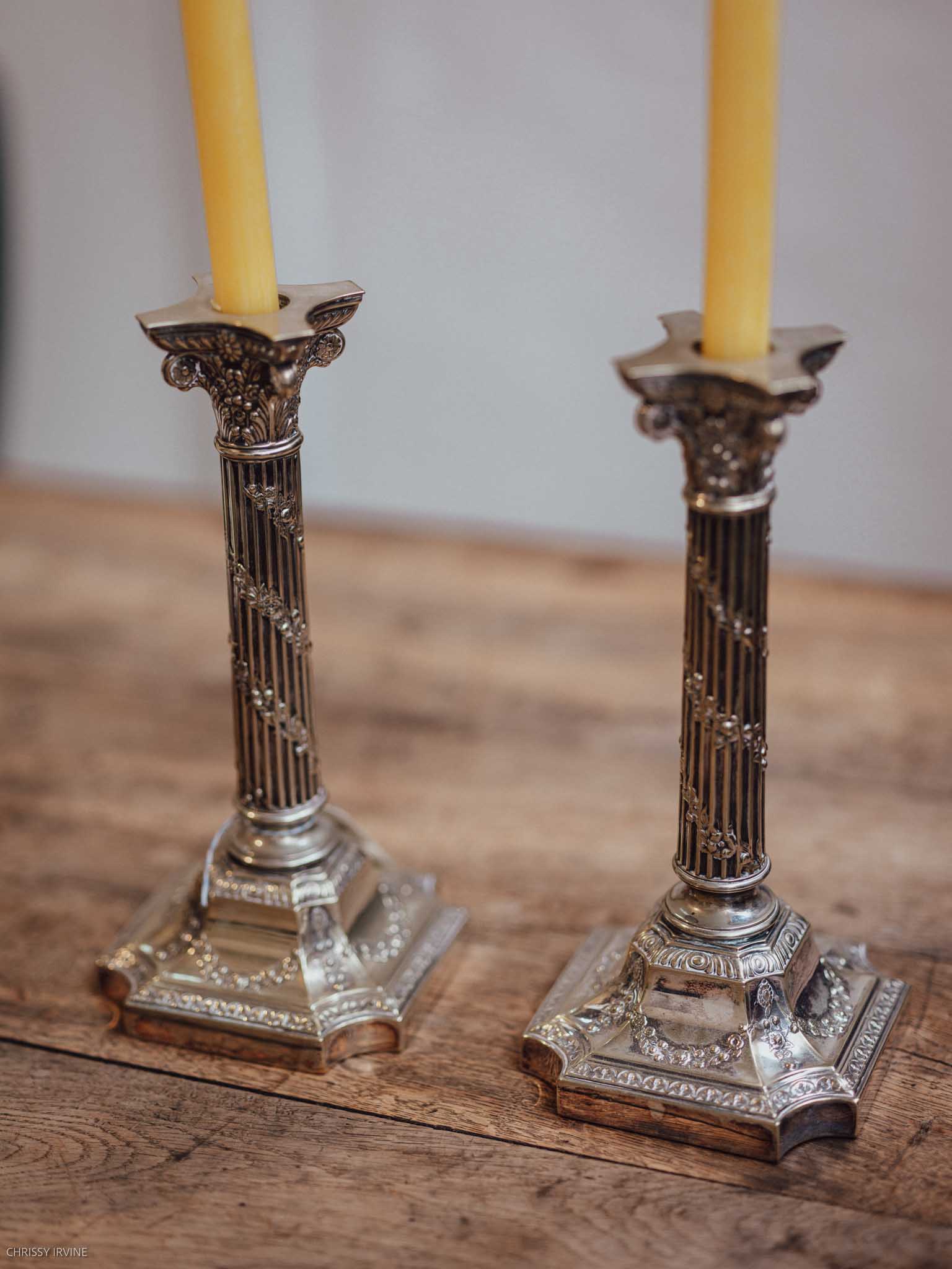 Pair of Silver Plate Corinthian Column Candlesticks, Horace Woodward & Co, London, Late 19th Century