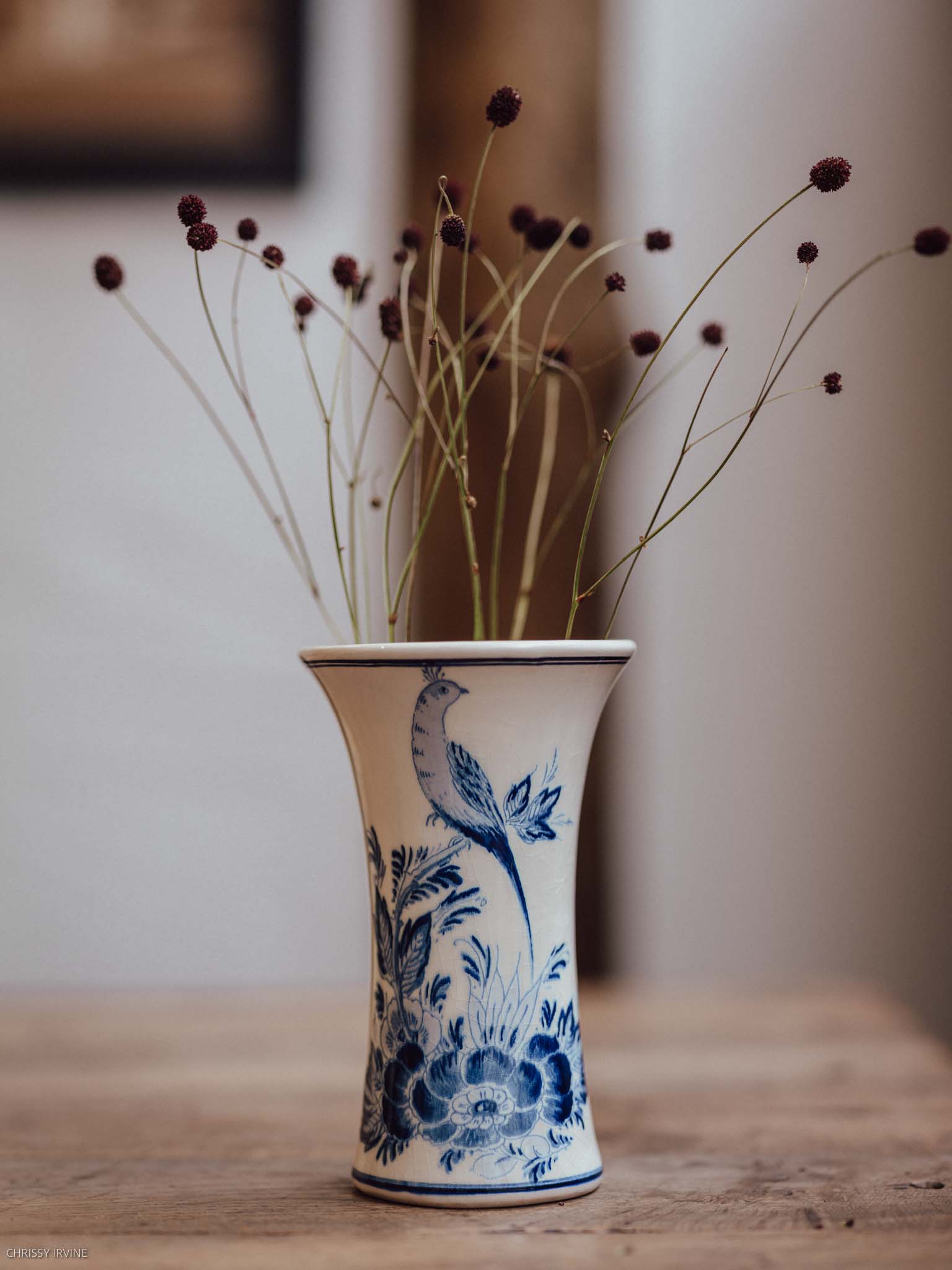 Delft Blue & White Trumpet Vase with Bird & Floral Motif