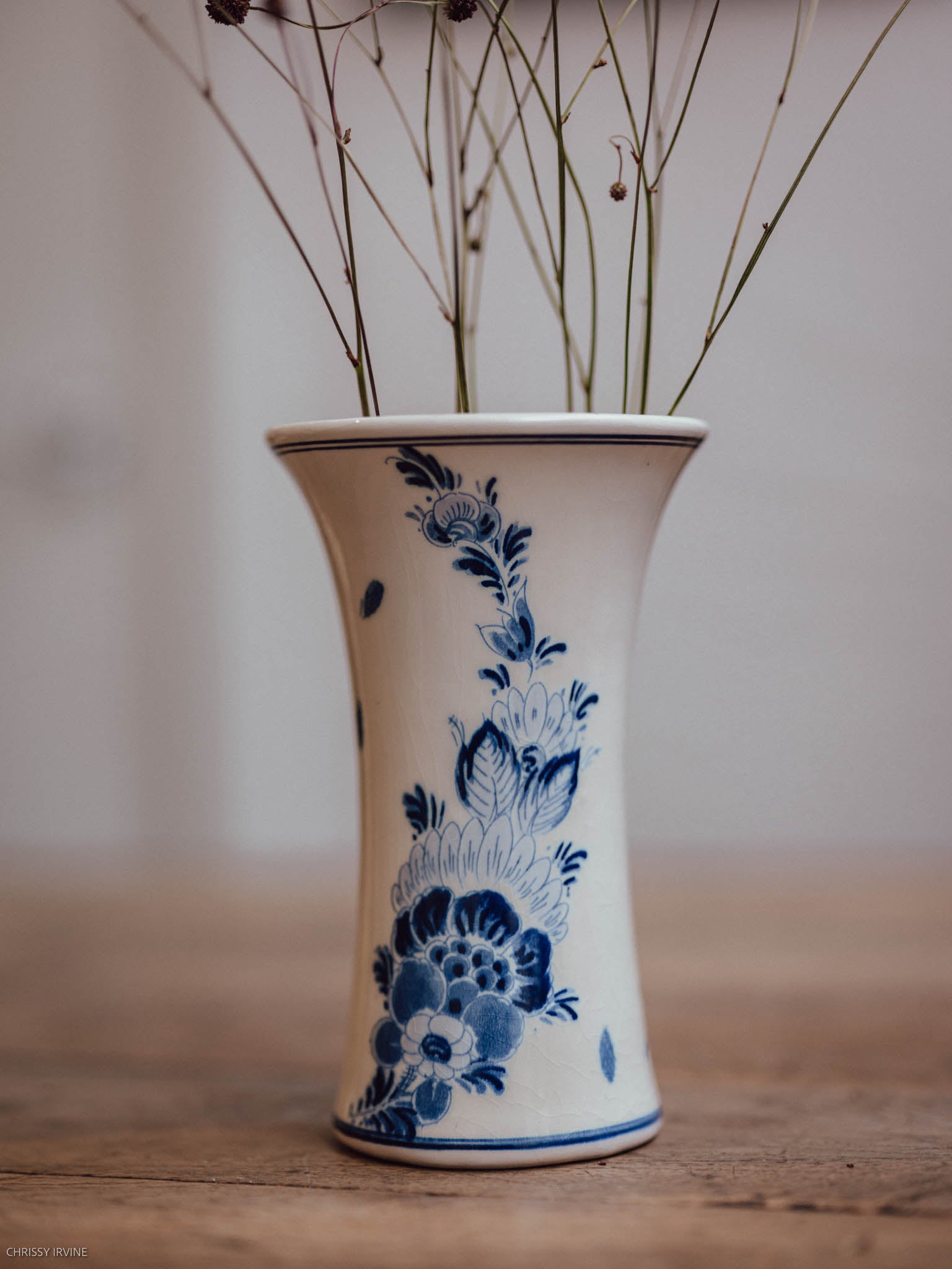Delft Blue & White Trumpet Vase with Bird & Floral Motif