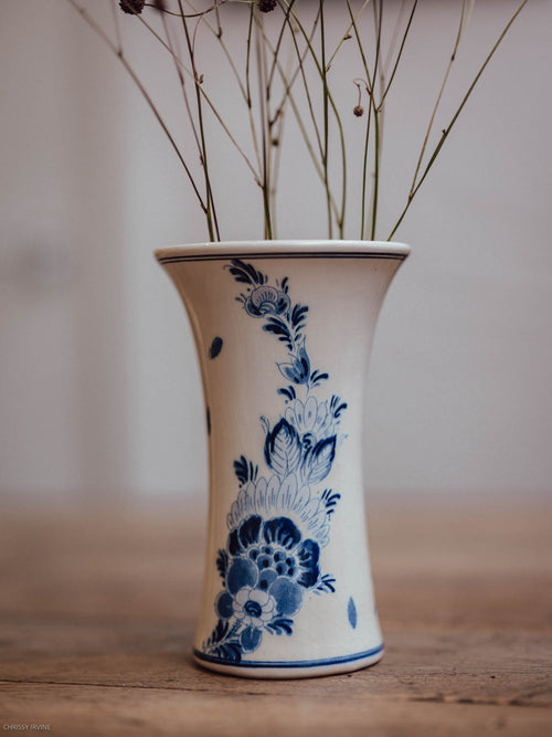 Delft Blue & White Trumpet Vase with Bird & Floral Motif