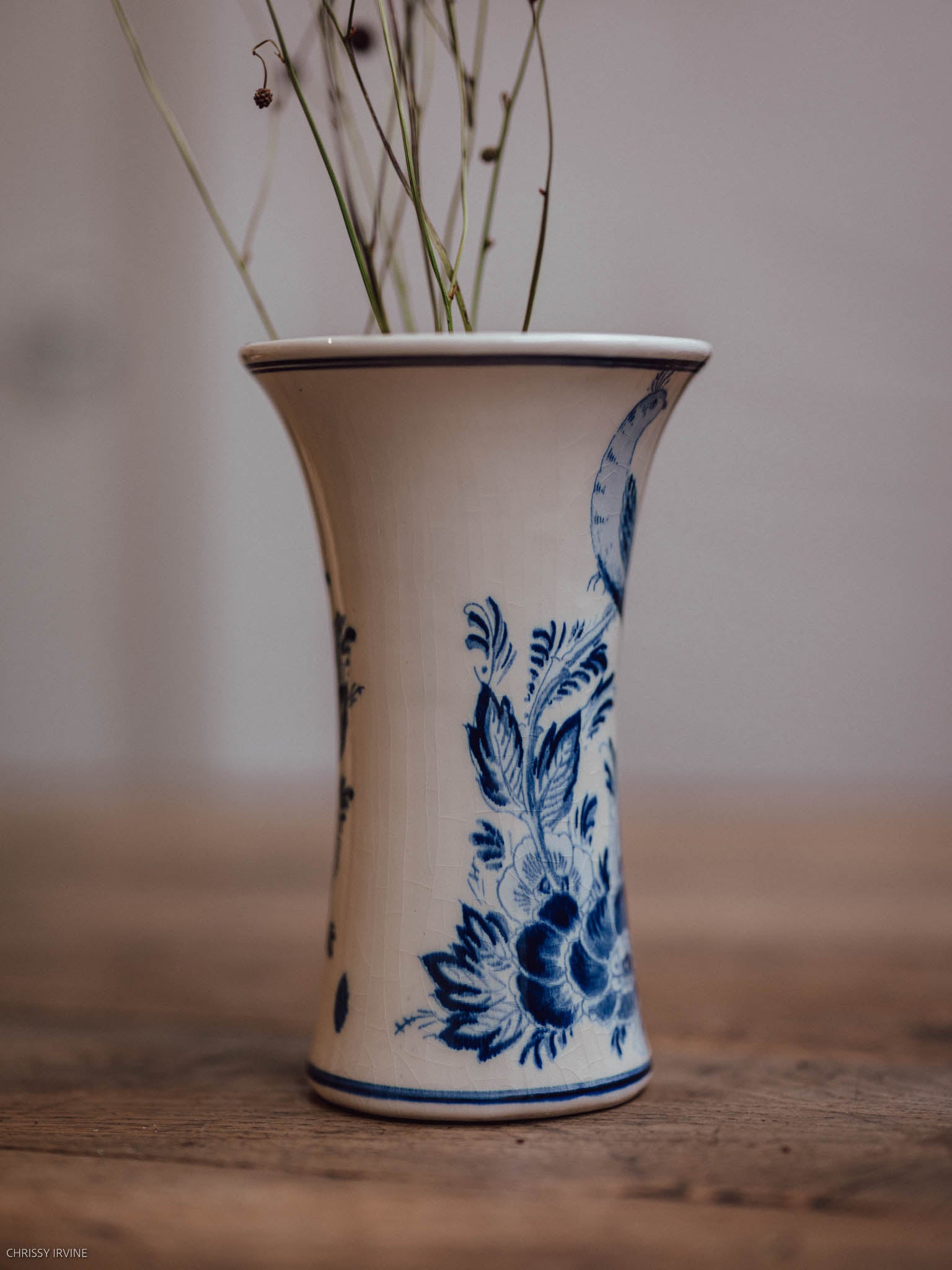 Delft Blue & White Trumpet Vase with Bird & Floral Motif
