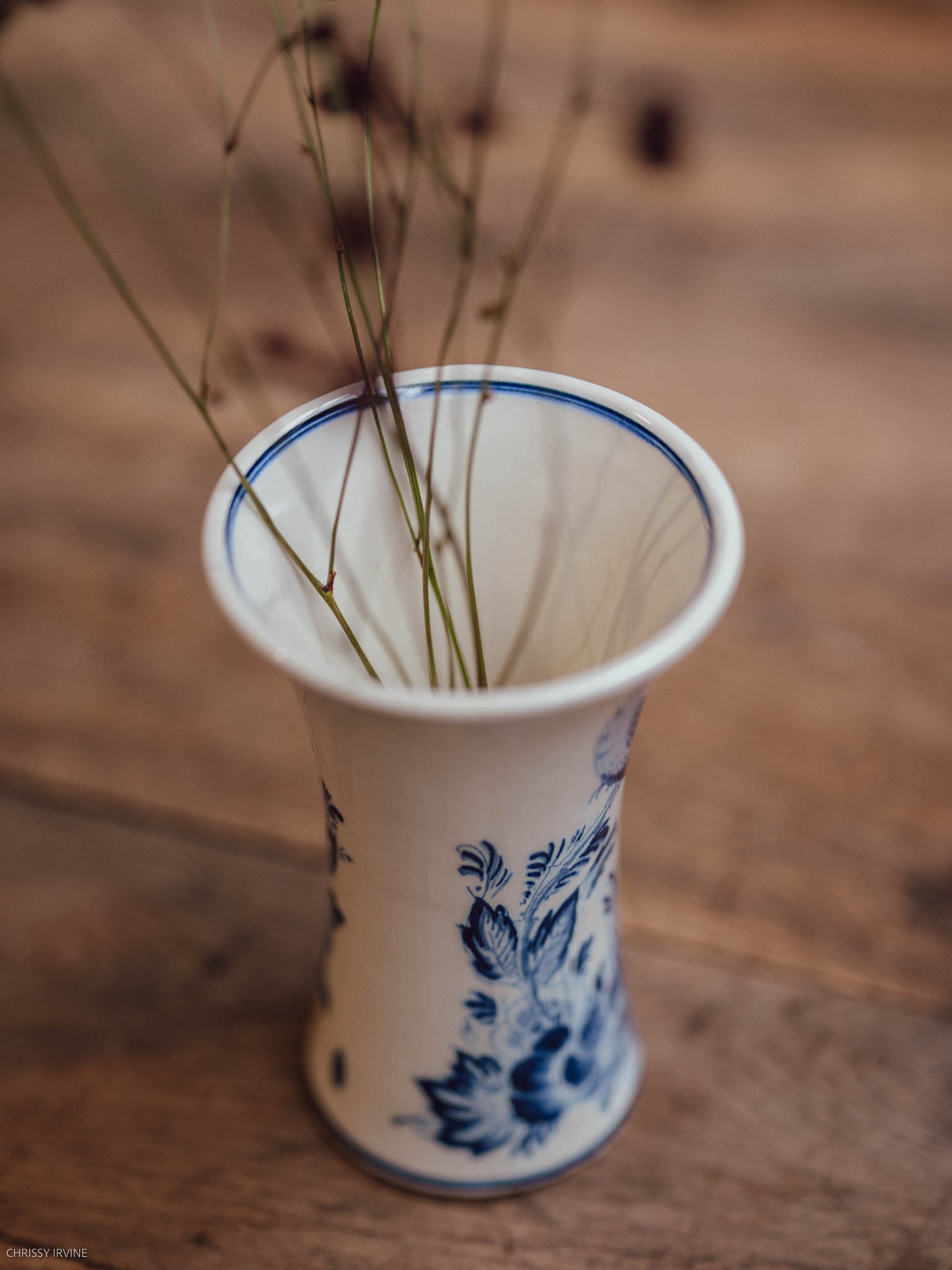 Delft Blue & White Trumpet Vase with Bird & Floral Motif