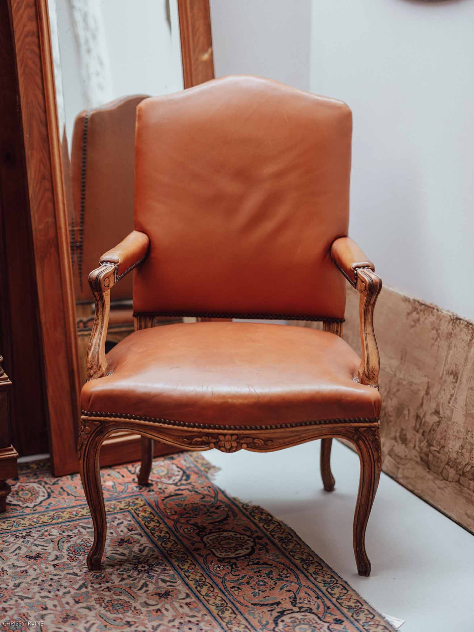 French Louis XV Style Leather Armchair