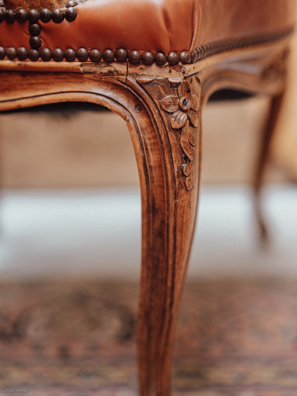 French Louis XV Style Leather Armchair
