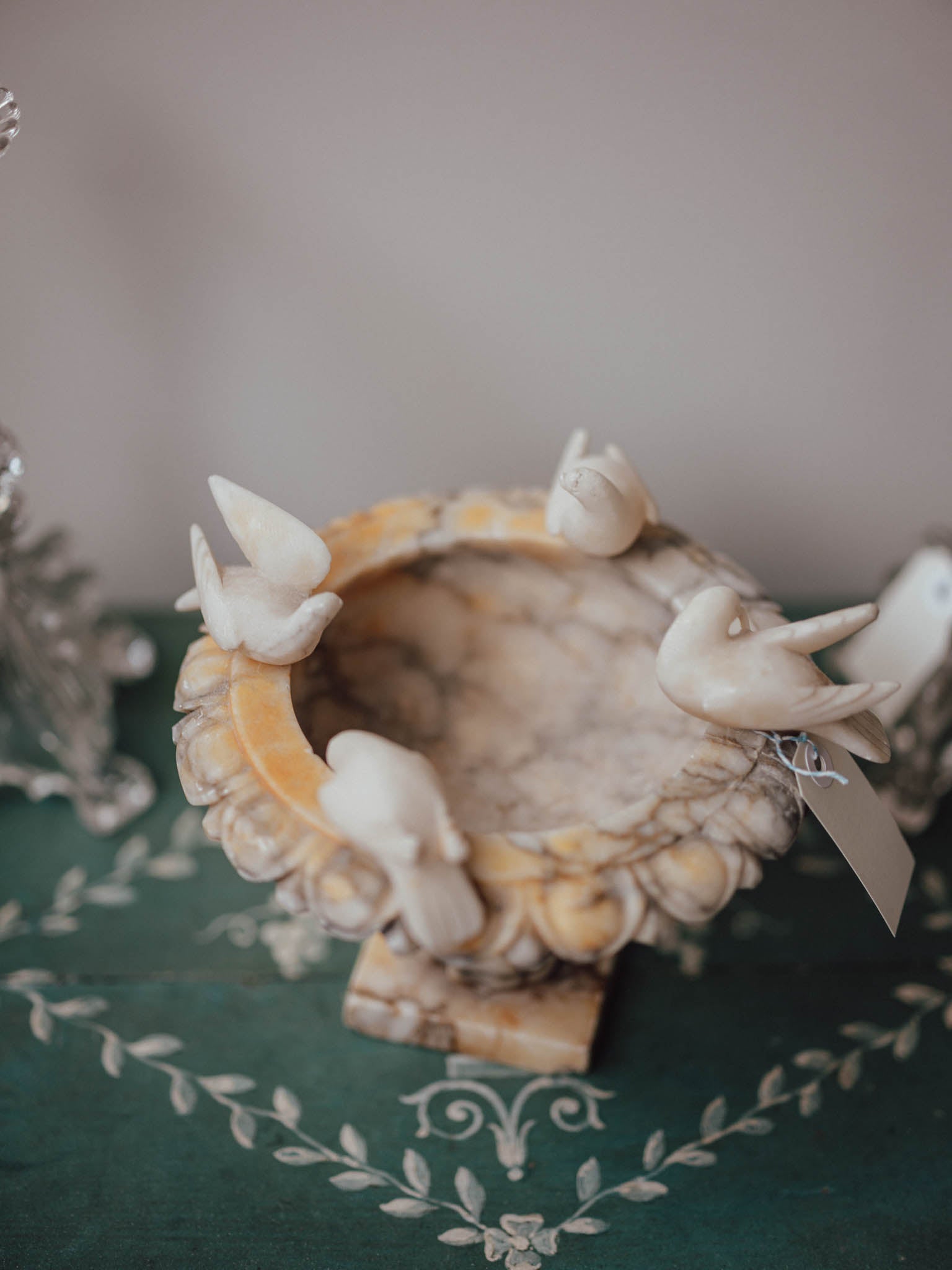 Large Italian Alabaster Birdbath with Carved Doves