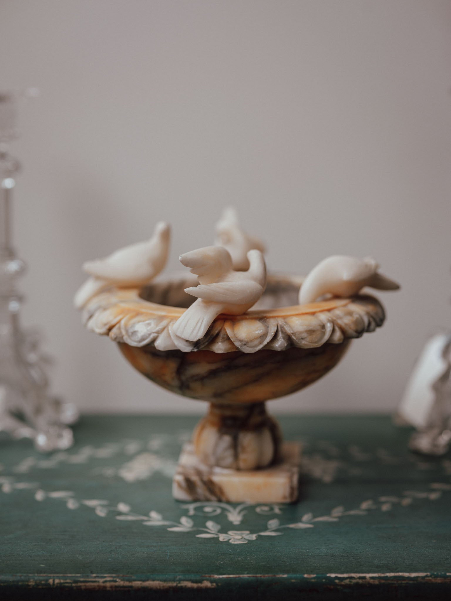 Large Italian Alabaster Birdbath with Carved Doves