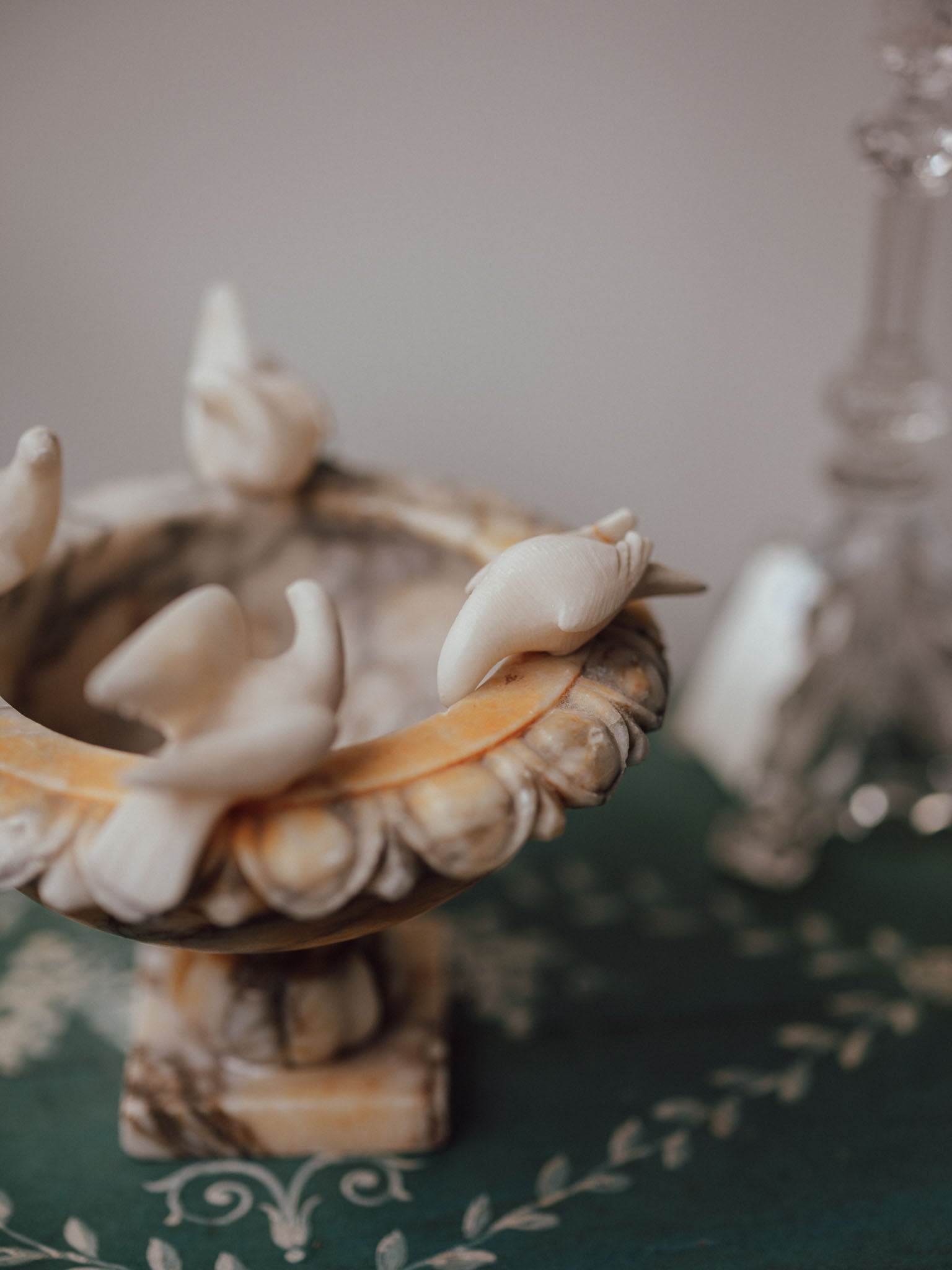 Large Italian Alabaster Birdbath with Carved Doves