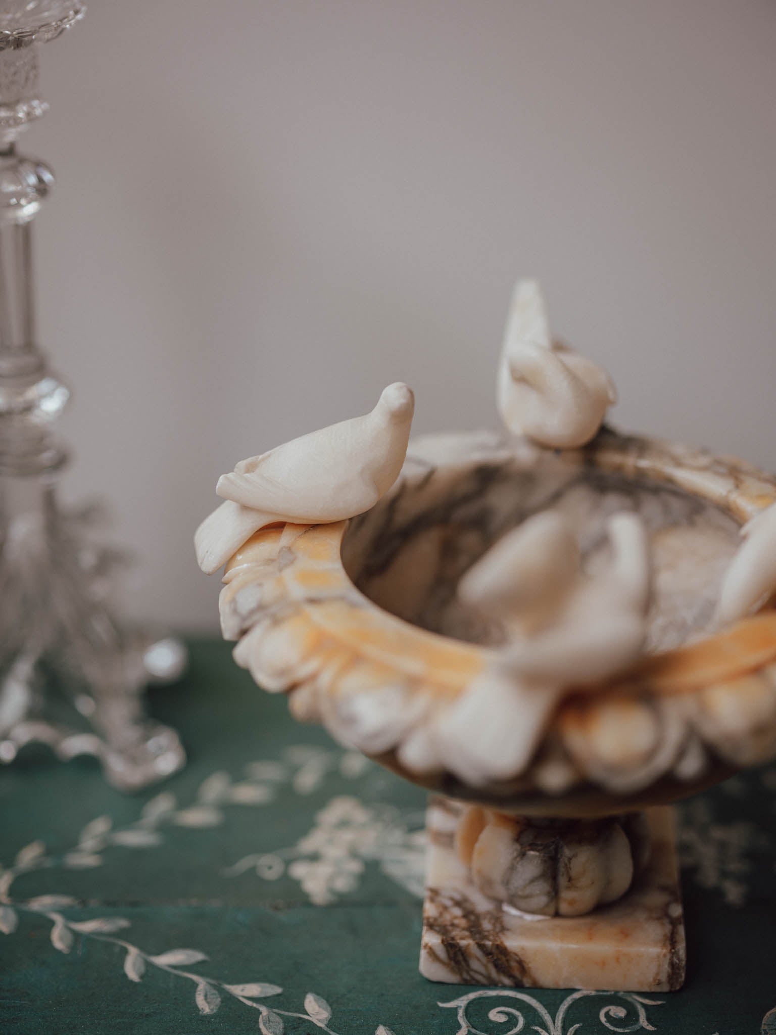 Large Italian Alabaster Birdbath with Carved Doves