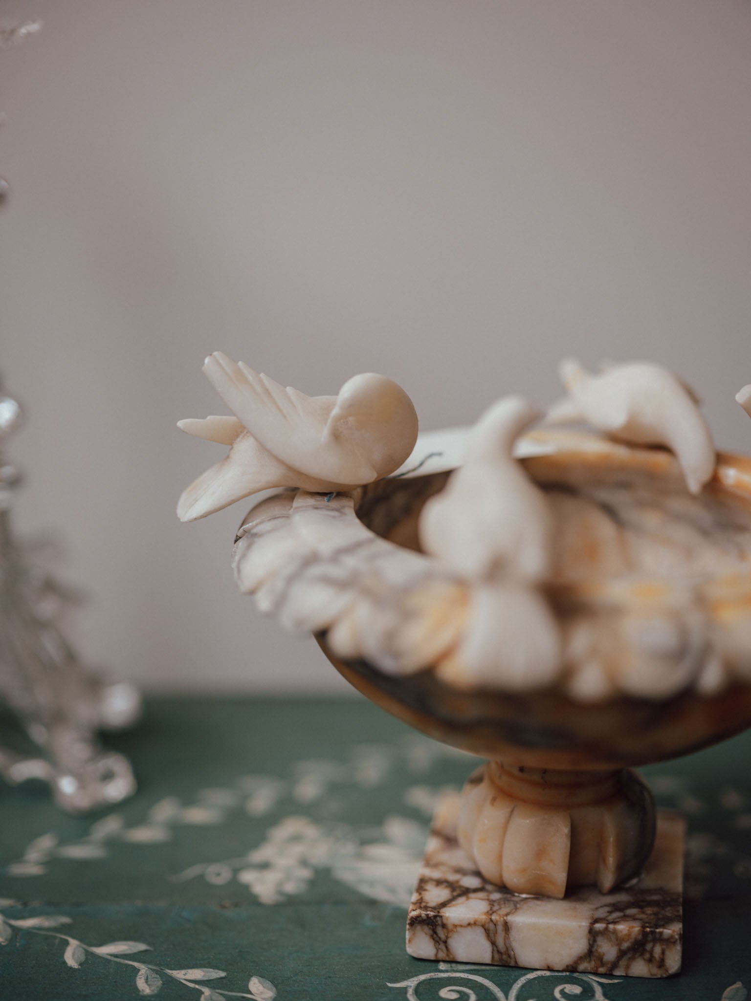 Large Italian Alabaster Birdbath with Carved Doves