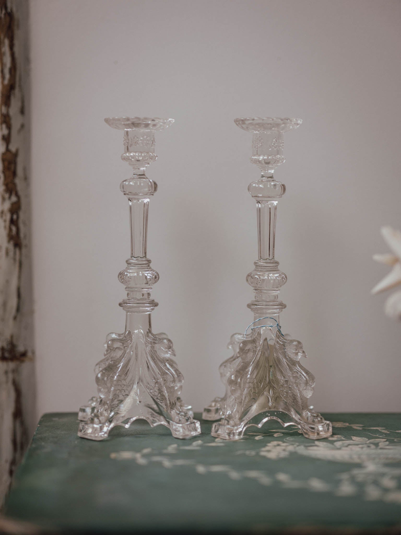 Pair of Victorian Pressed Glass Candlesticks with Figural Bird Bases