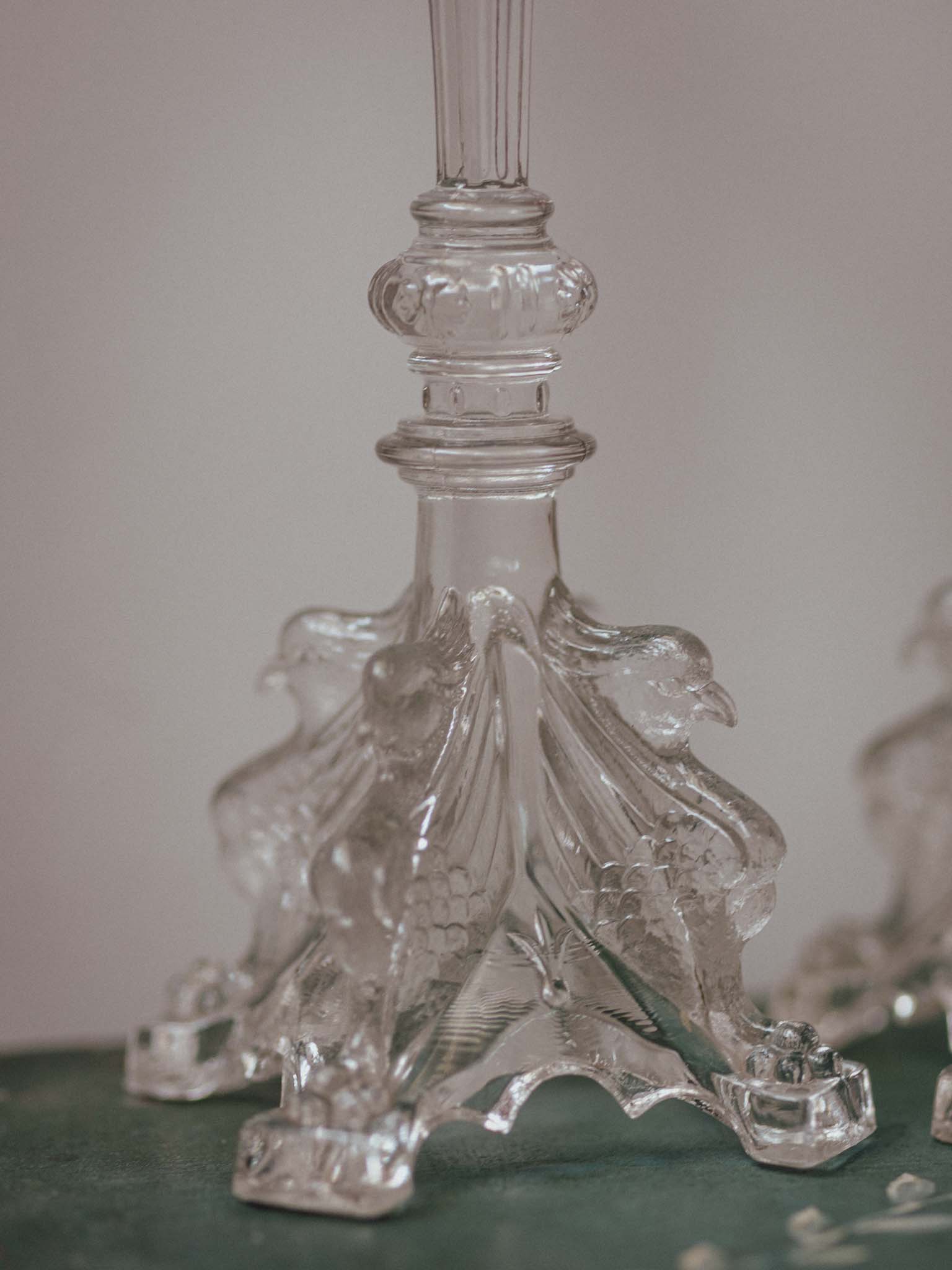 Pair of Victorian Pressed Glass Candlesticks with Figural Bird Bases