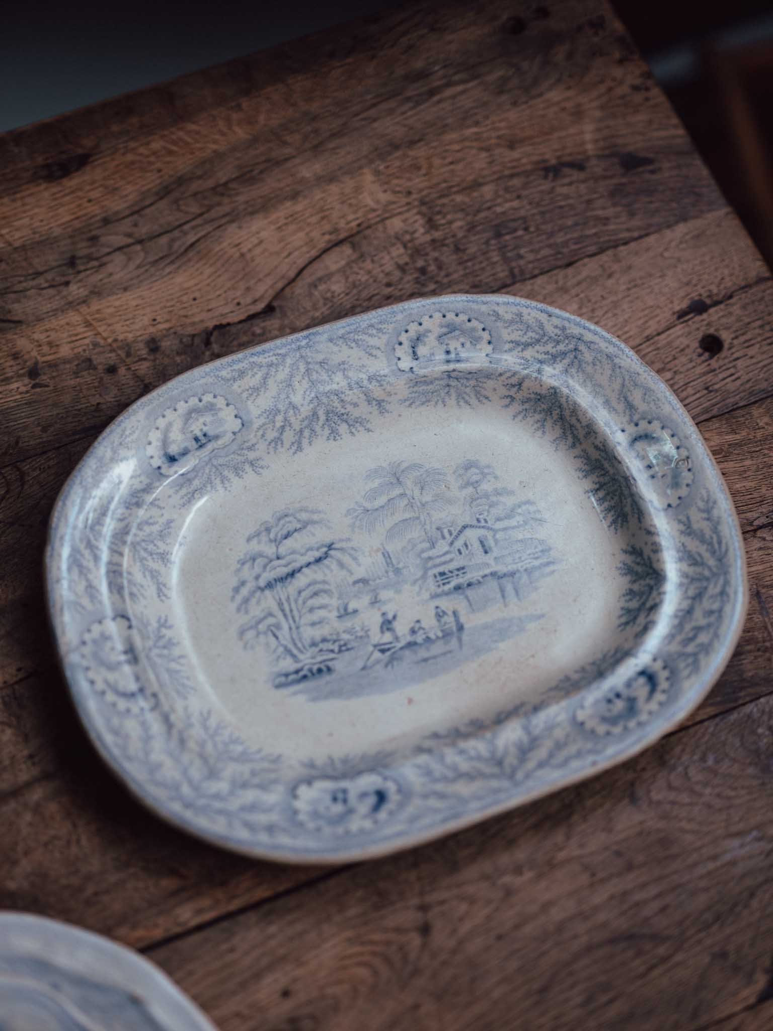 Victorian Blue and White Transfer-Print Platter, Oriental Scenic Pattern