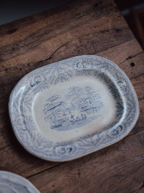 Victorian Blue and White Transfer-Print Platter, Oriental Scenic Pattern
