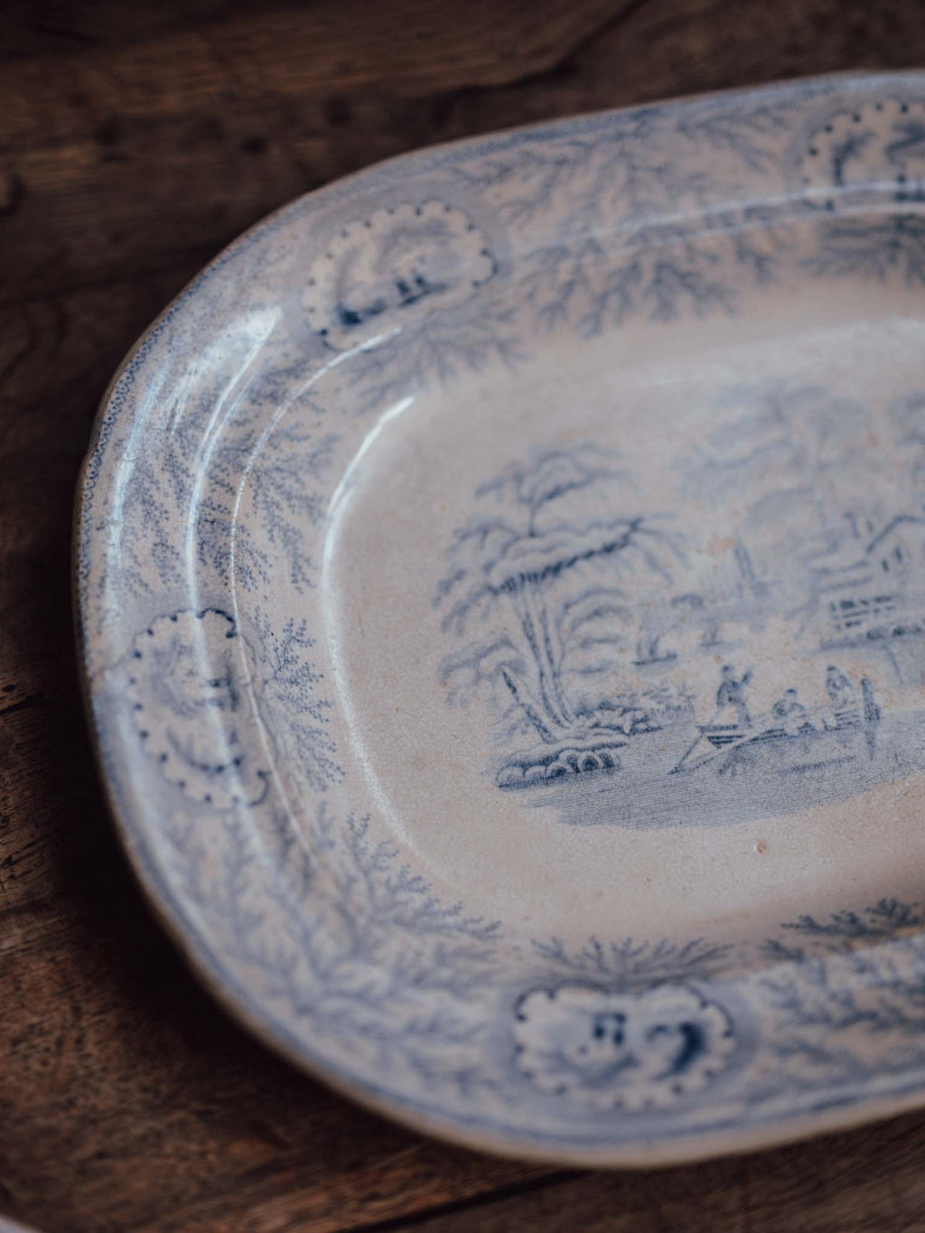 Victorian Blue and White Transfer-Print Platter, Oriental Scenic Pattern