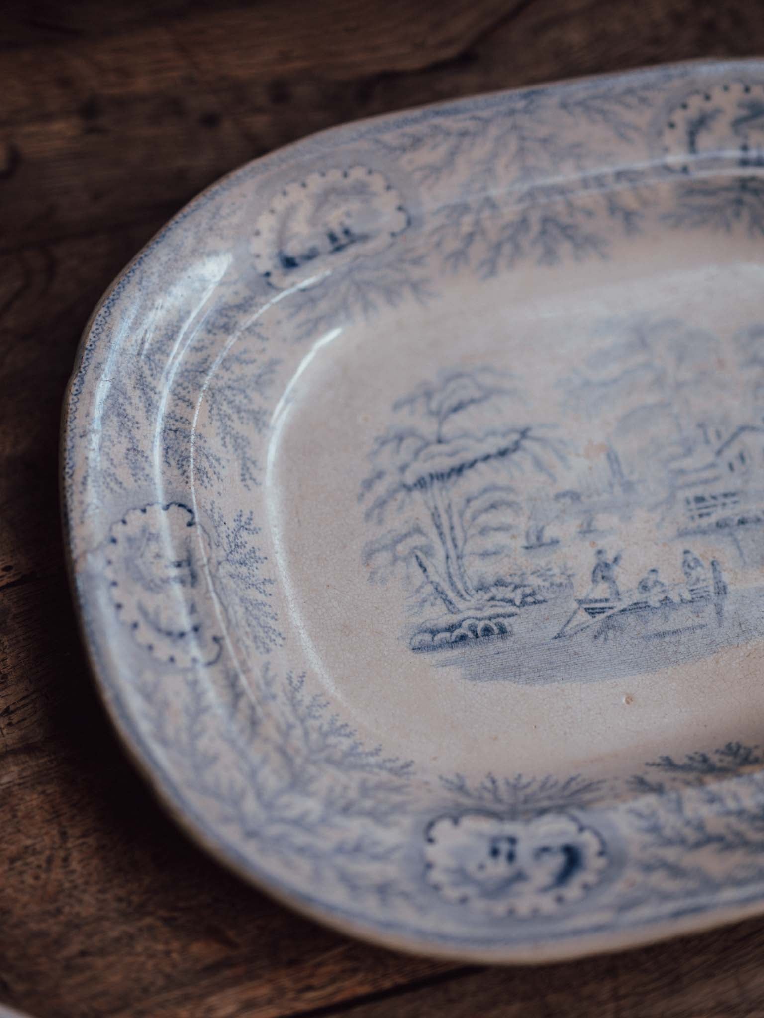 Victorian Blue and White Transfer-Print Platter, Oriental Scenic Pattern