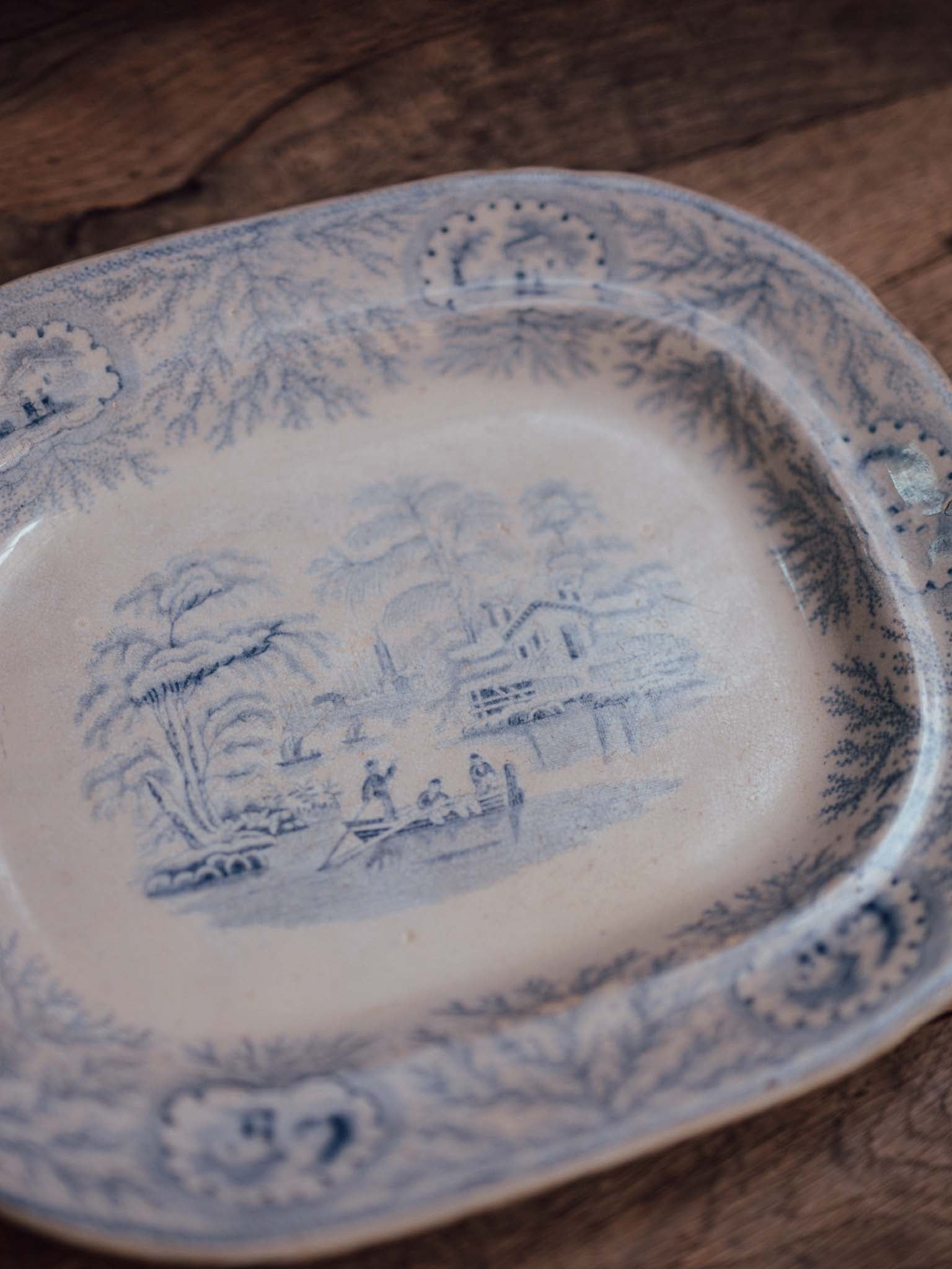 Victorian Blue and White Transfer-Print Platter, Oriental Scenic Pattern