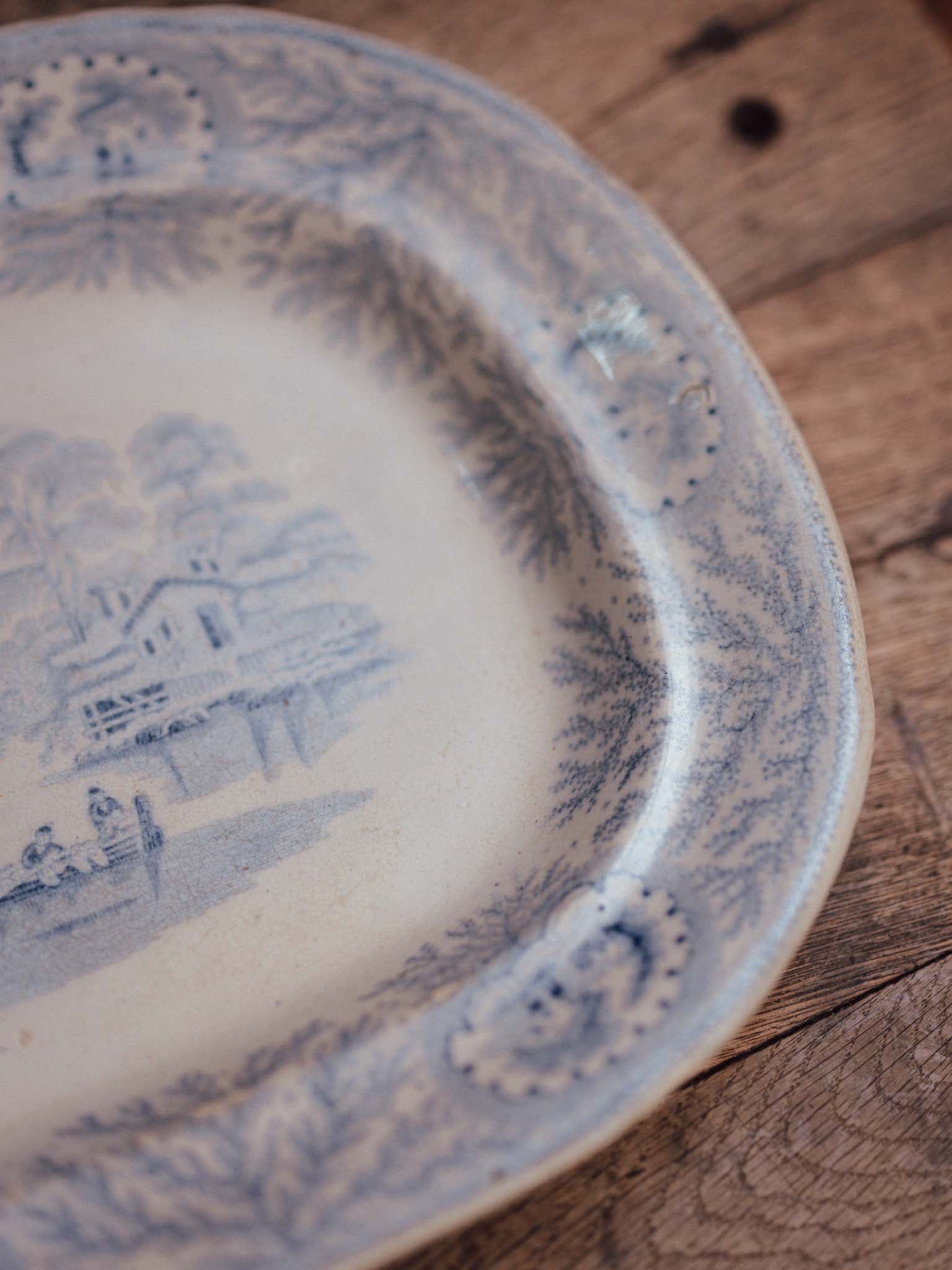 Victorian Blue and White Transfer-Print Platter, Oriental Scenic Pattern