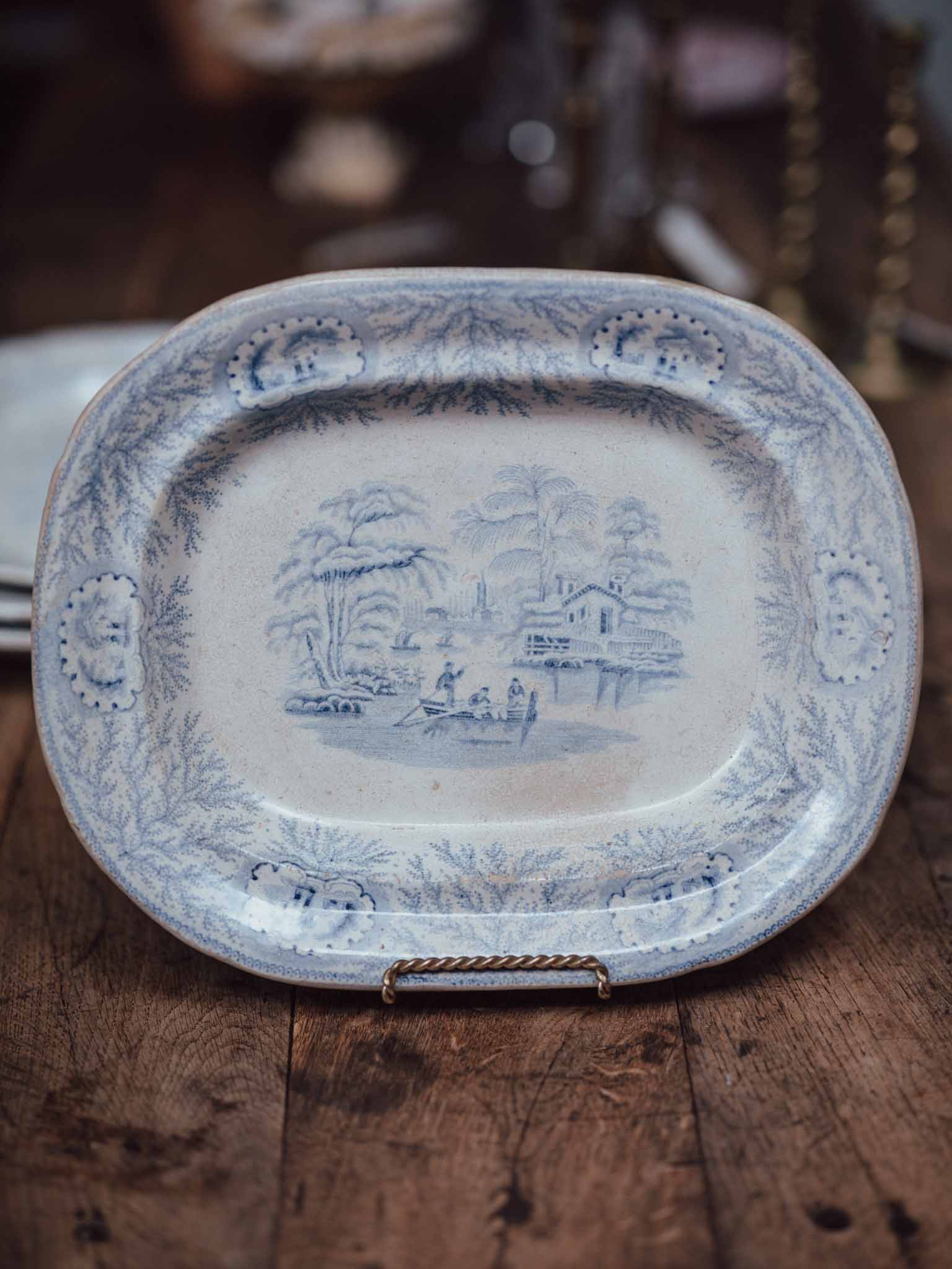 Victorian Blue and White Transfer-Print Platter, Oriental Scenic Pattern