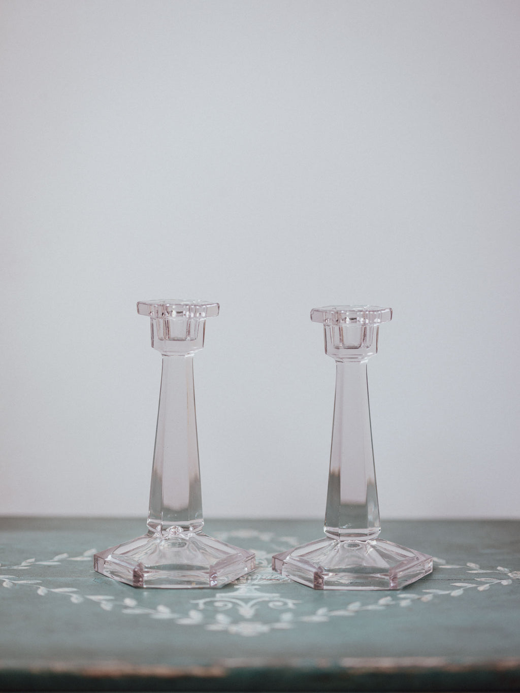 Pair of Pressed Glass Art Deco Candlesticks