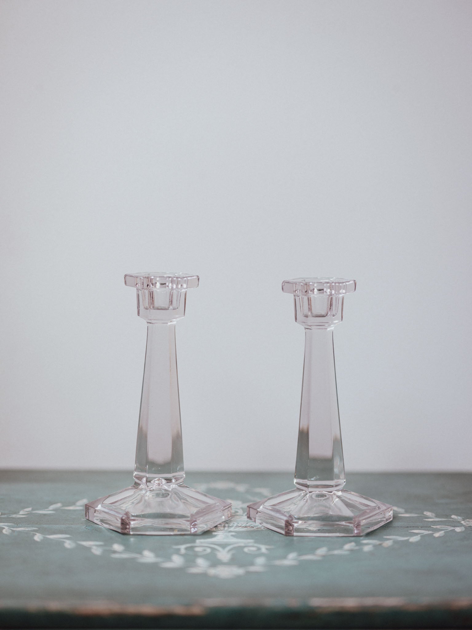 Pair of Pressed Glass Art Deco Candlesticks