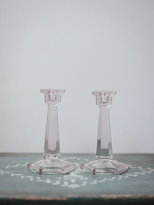 Pair of Pressed Glass Art Deco Candlesticks