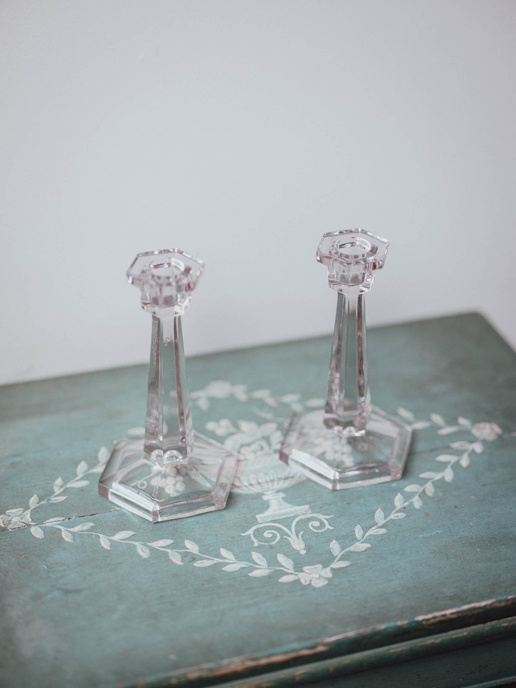 Pair of Pressed Glass Art Deco Candlesticks