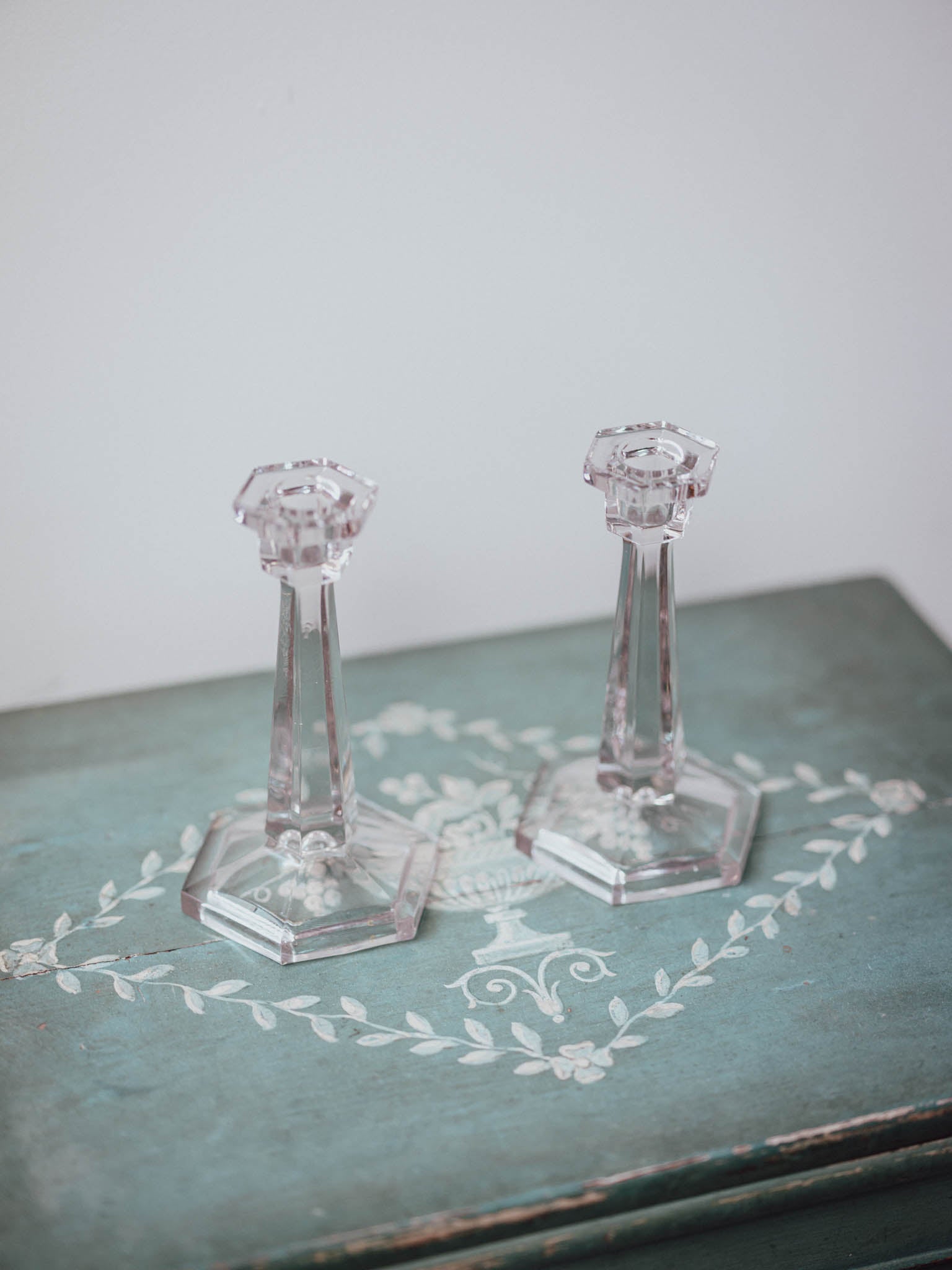 Pair of Pressed Glass Art Deco Candlesticks