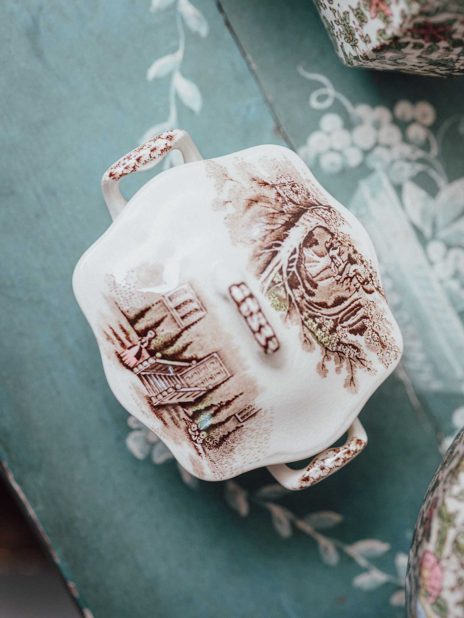 English Scenic Transferware Lidded Sugar Bowl - Made in England