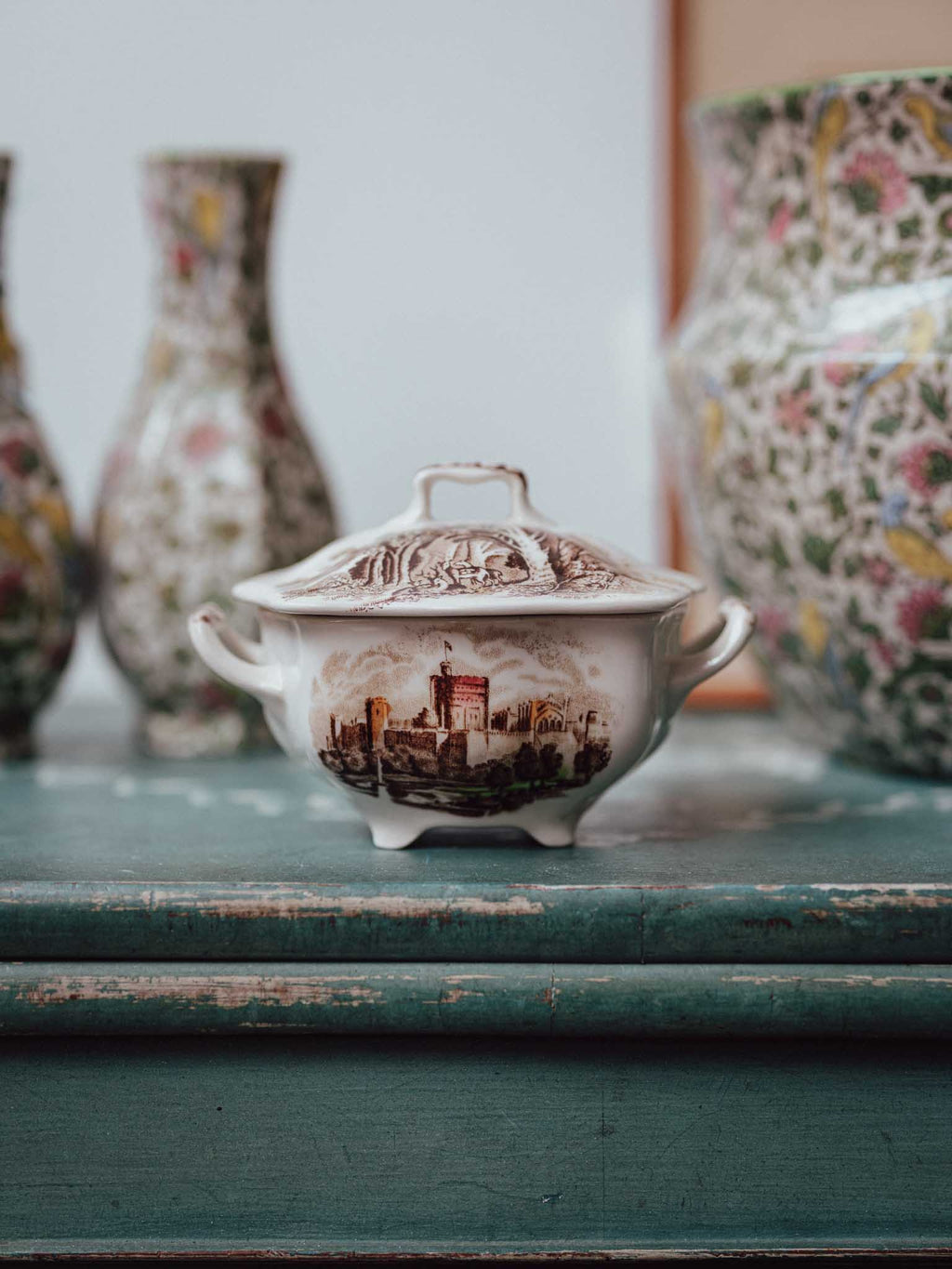 English Scenic Transferware Lidded Sugar Bowl - Made in England