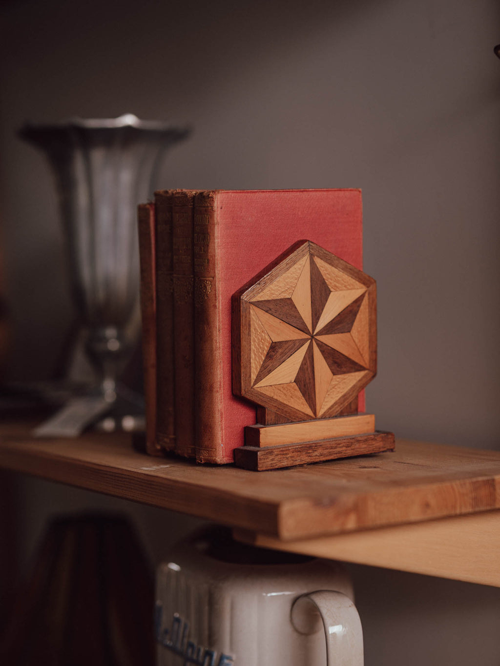 Pair of Vintage Marquetry Bookends with Geometric Star Inlay