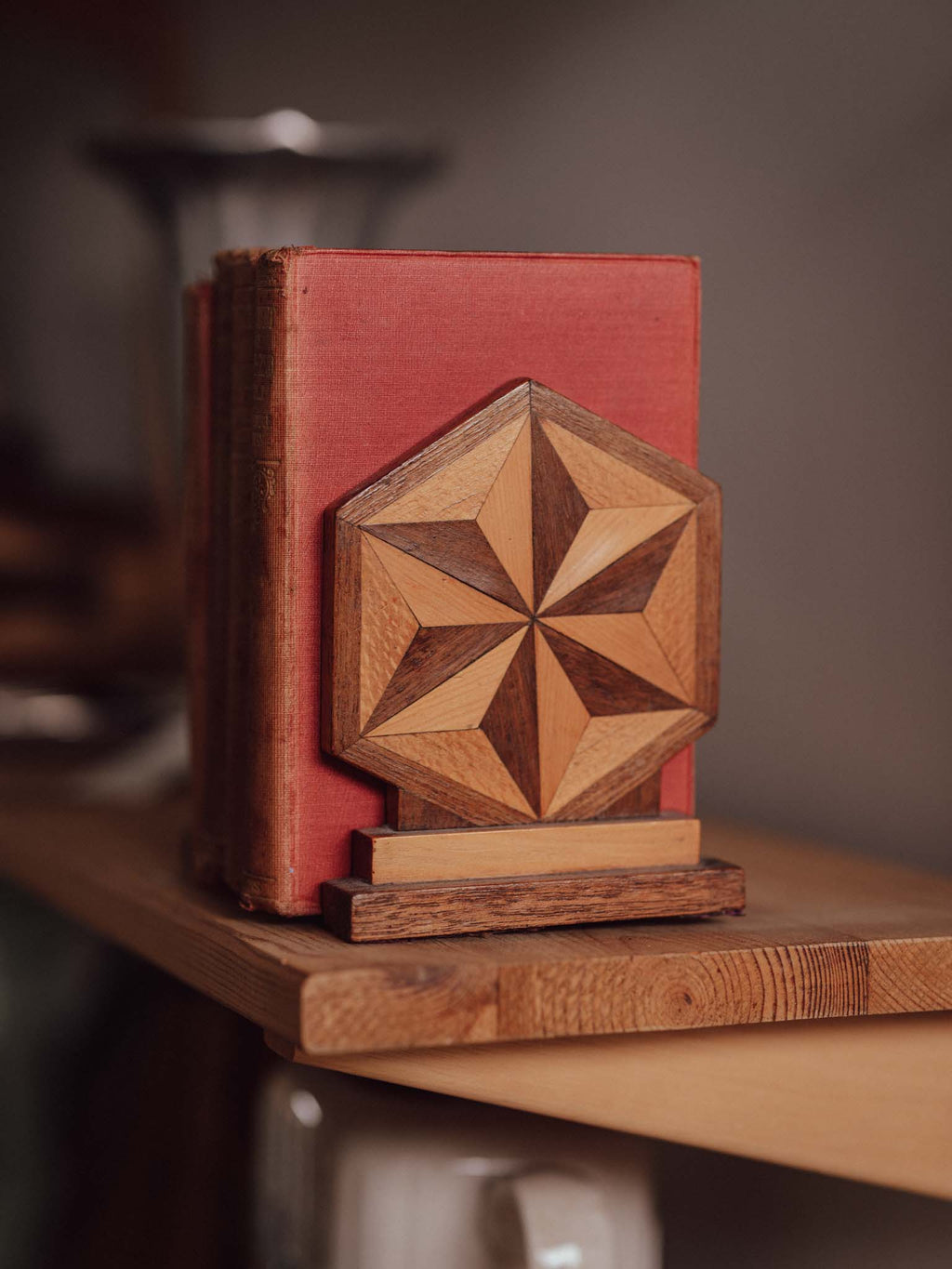 Pair of Vintage Marquetry Bookends with Geometric Star Inlay