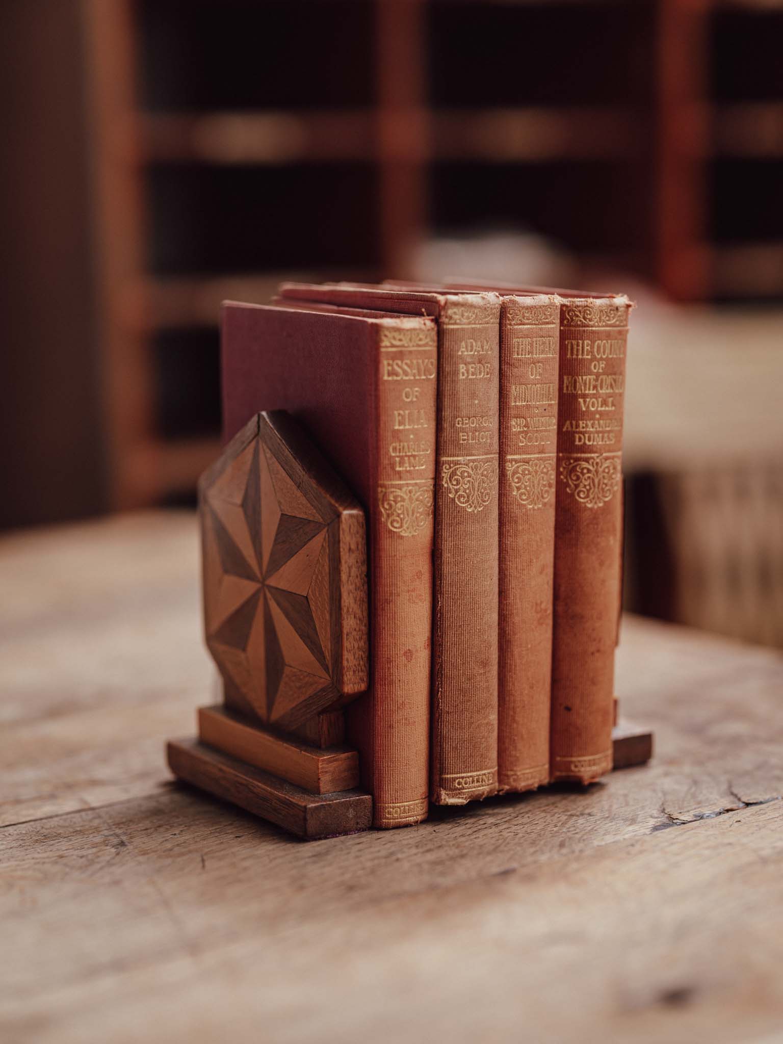 Pair of Vintage Marquetry Bookends with Geometric Star Inlay