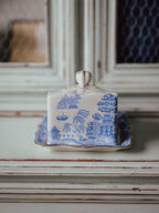 Bridgwood England Blue Willow Butter Dish with Gilt Lotus Finial
