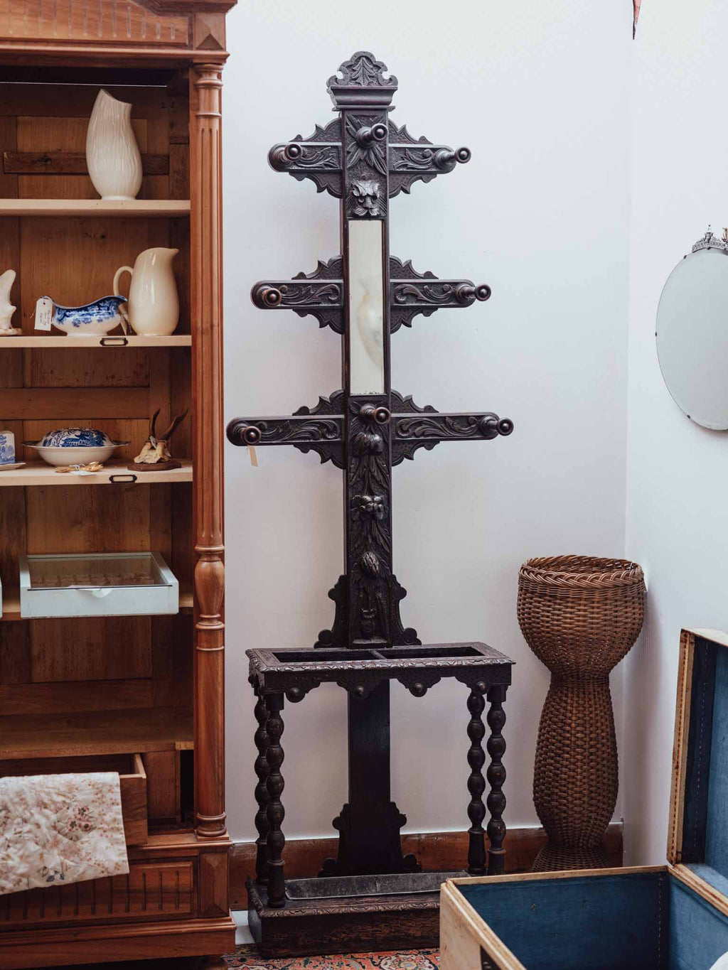 Victorian Ebonised Hall Stand with Mirror and Umbrella Stand