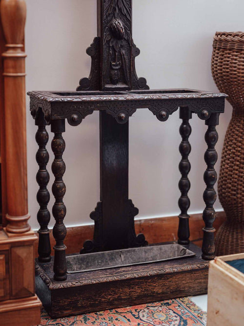 Victorian Ebonised Hall Stand with Mirror and Umbrella Stand