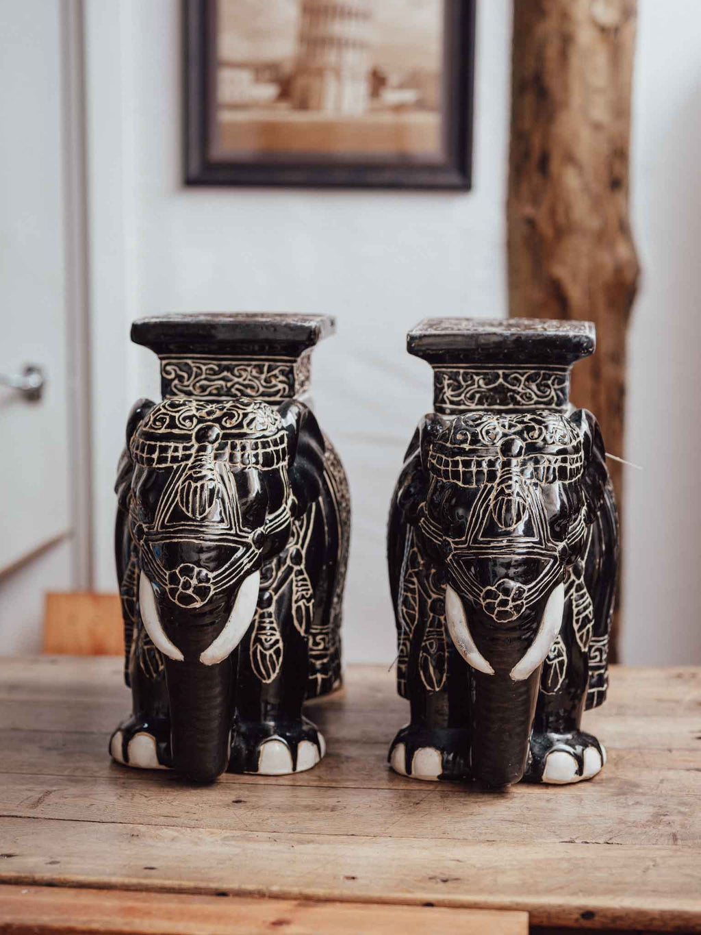 Vintage Black and White Ceramic Elephants Pair