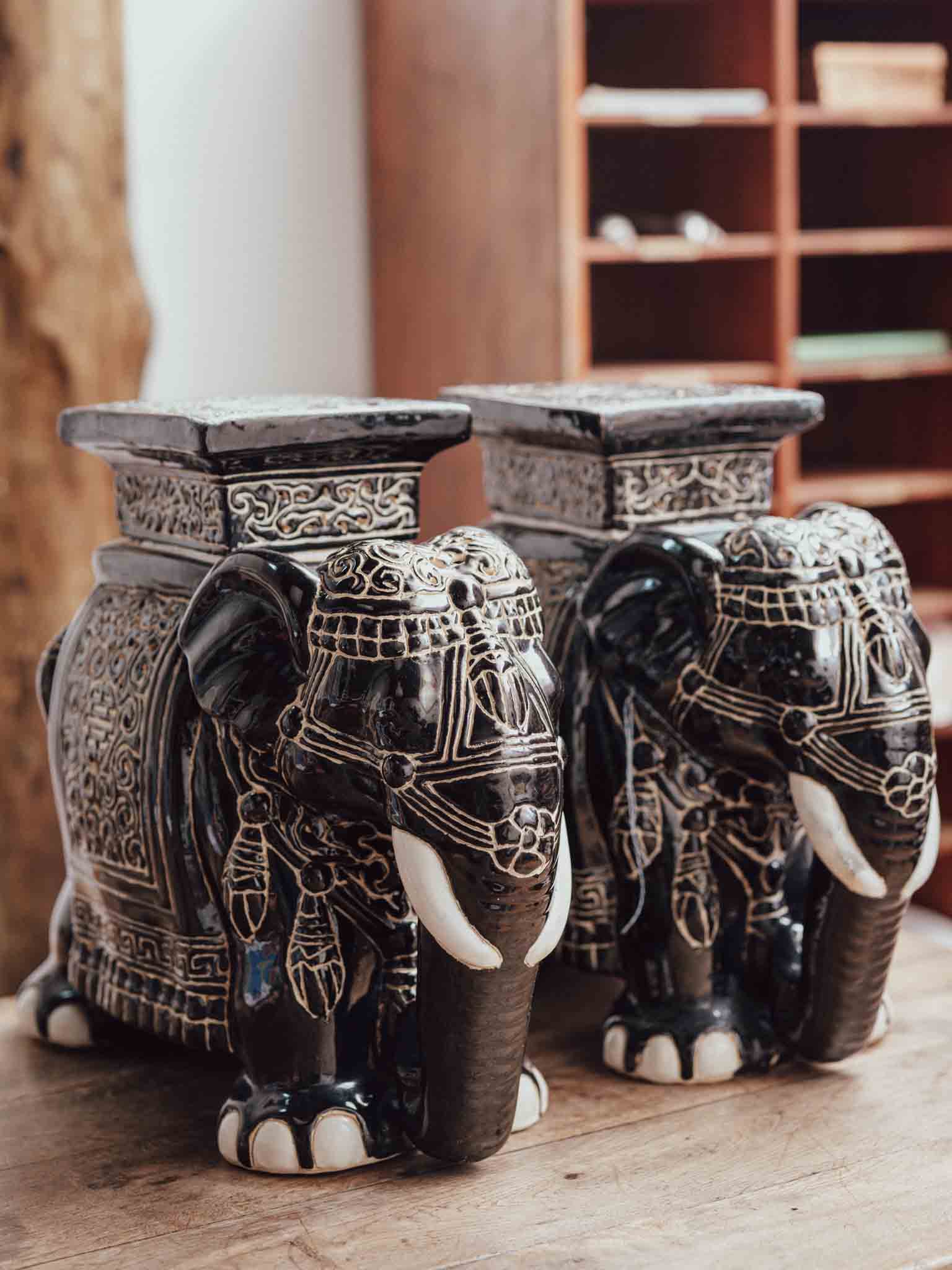 Vintage Black and White Ceramic Elephants Pair
